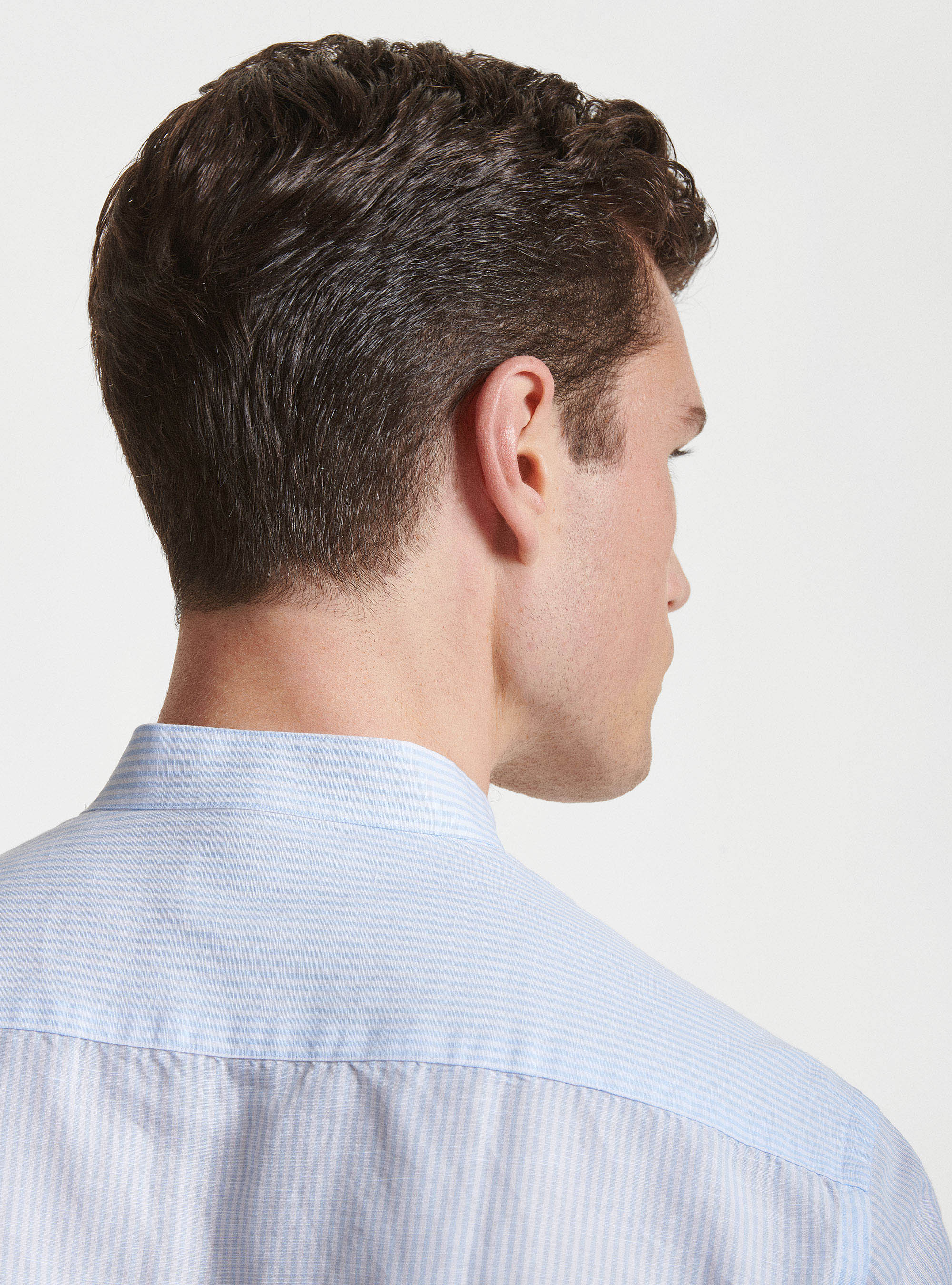 Camisa de cuello coreano en lino y algodón, CELESTE