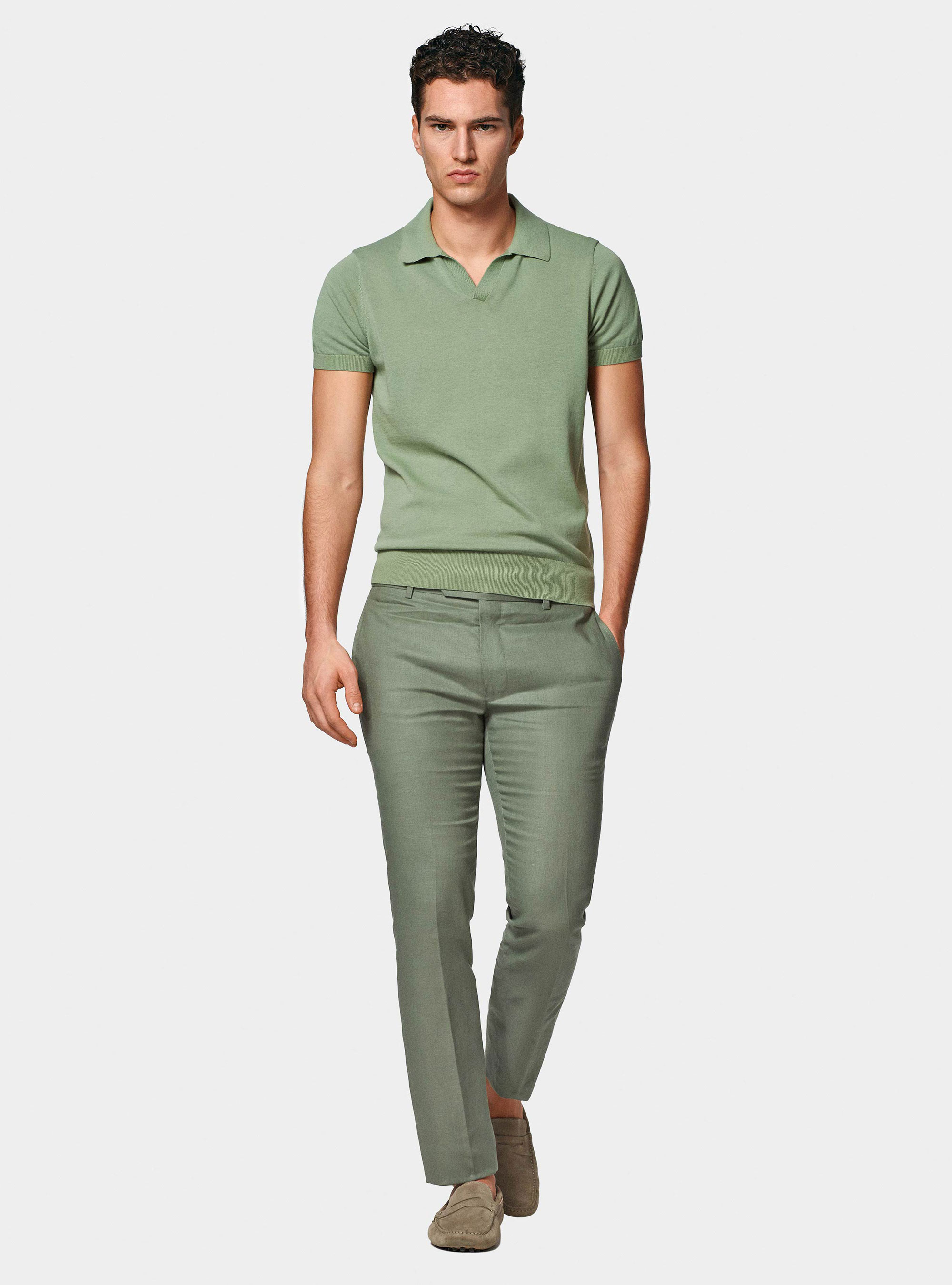 Polo in maglia senza bottoni in cotone extrafine, SALVIA 0602C