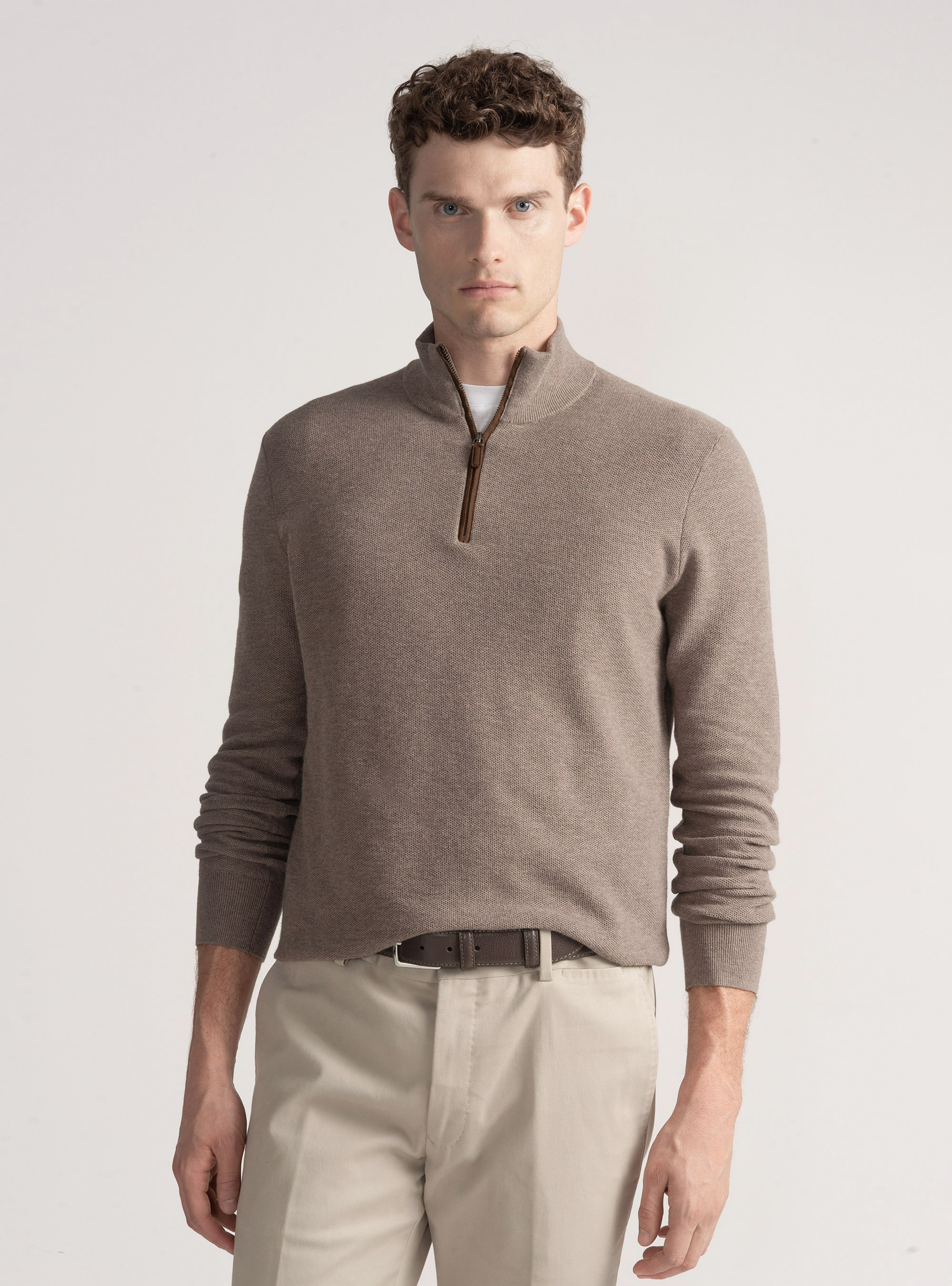 Maglia mock neck nido d'ape in cotone cashmere, FANGO