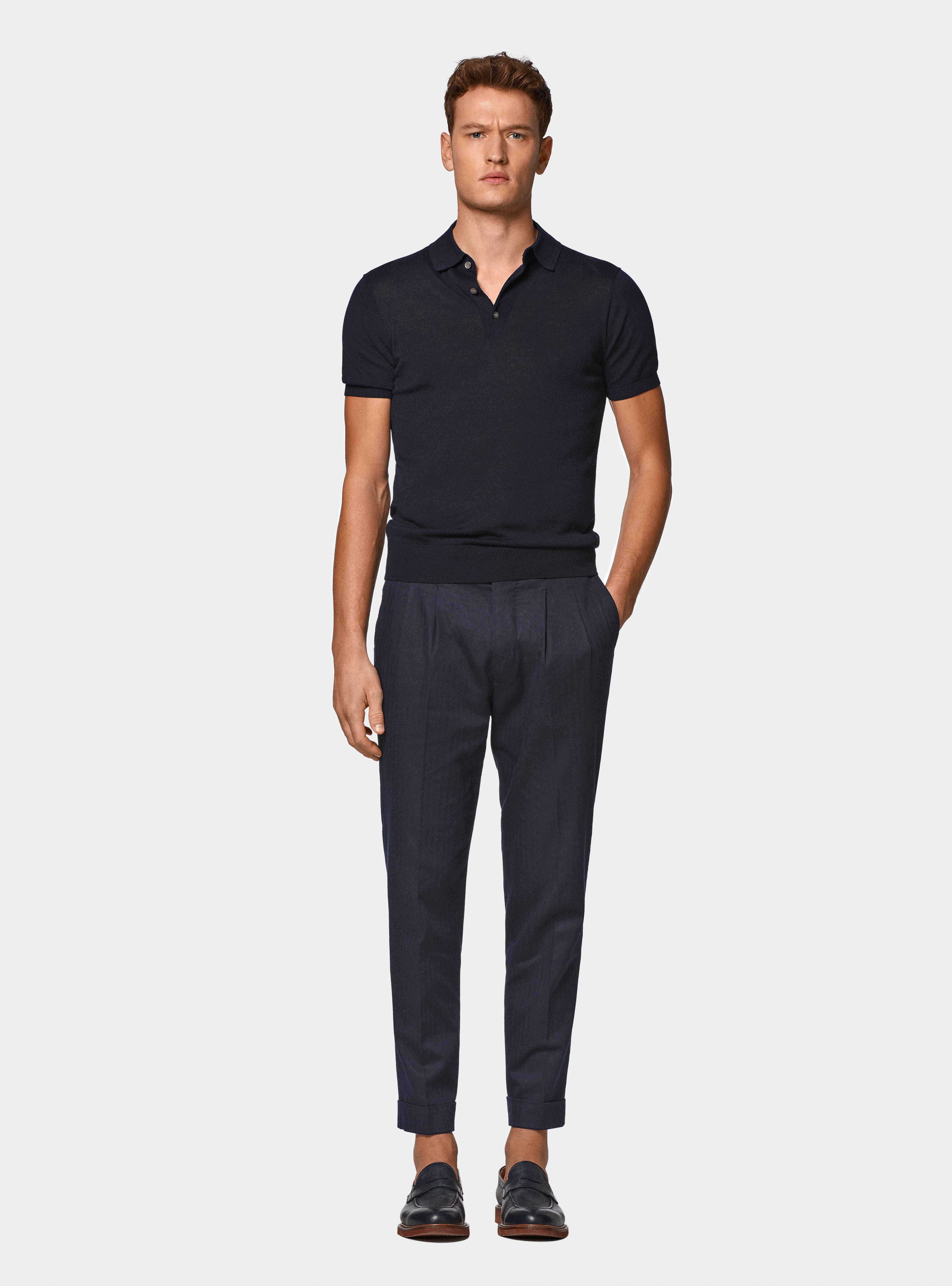 Maglia a polo in cotone e seta, BLU NAVY