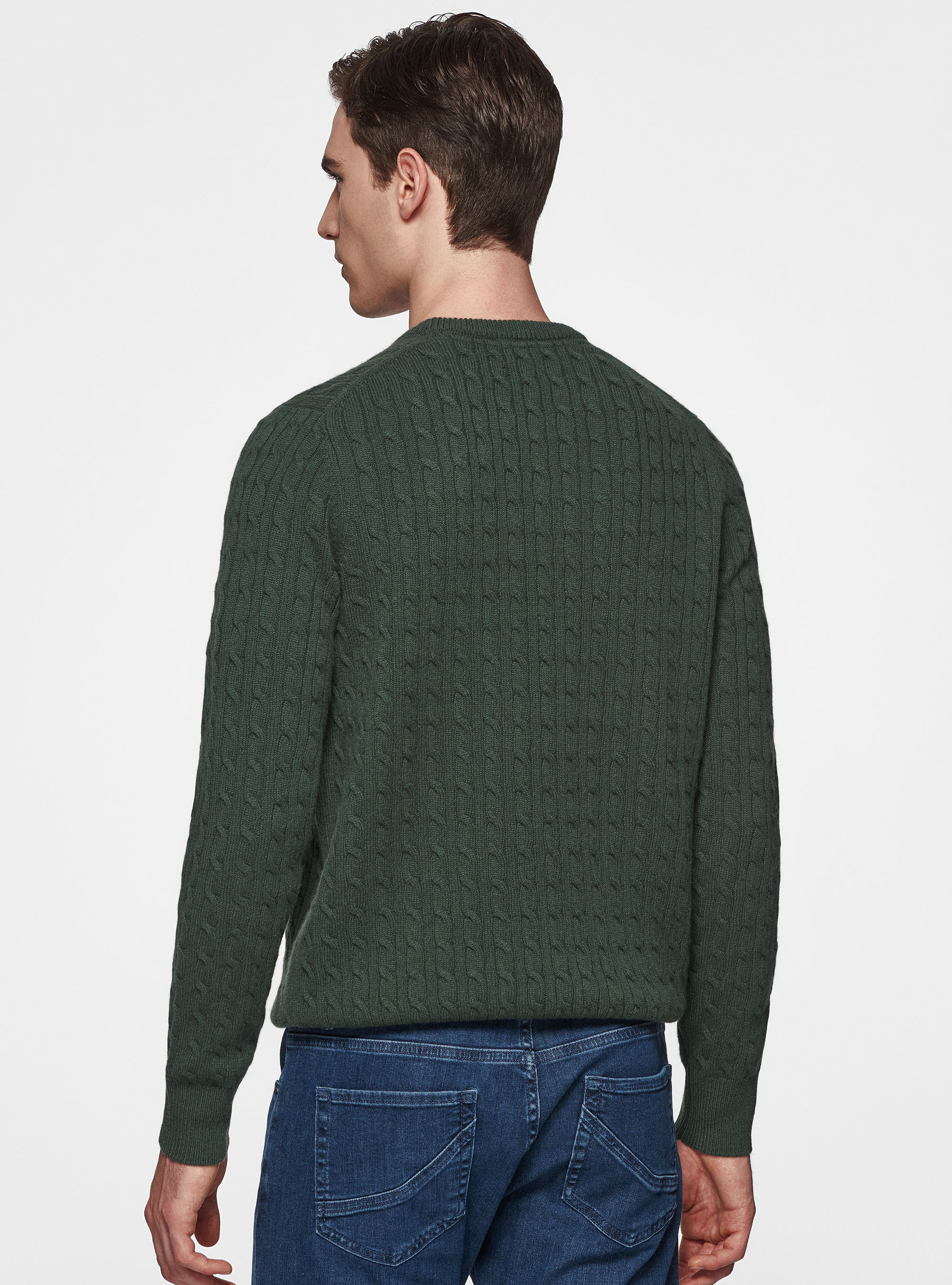 Maglia girocollo con treccia in lana e cashmere, MILITARE 0609C