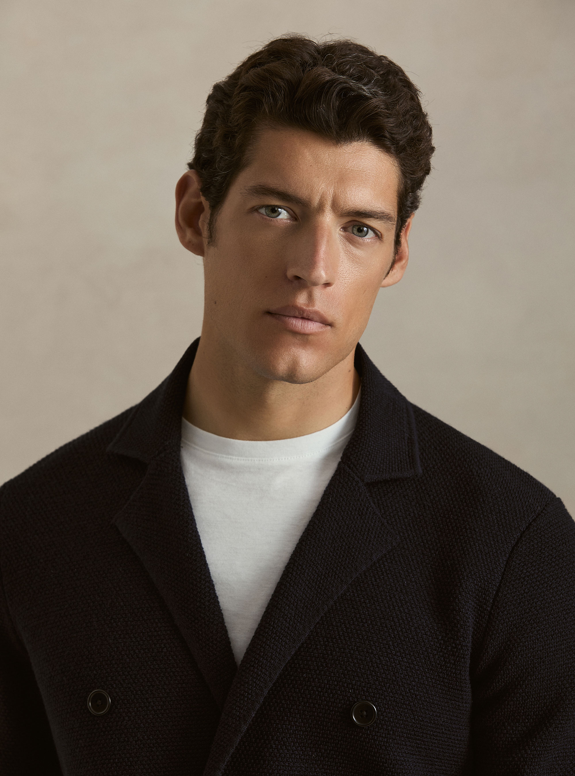 Giacca in maglia doppiopetto in lana merino, BLU NAVY