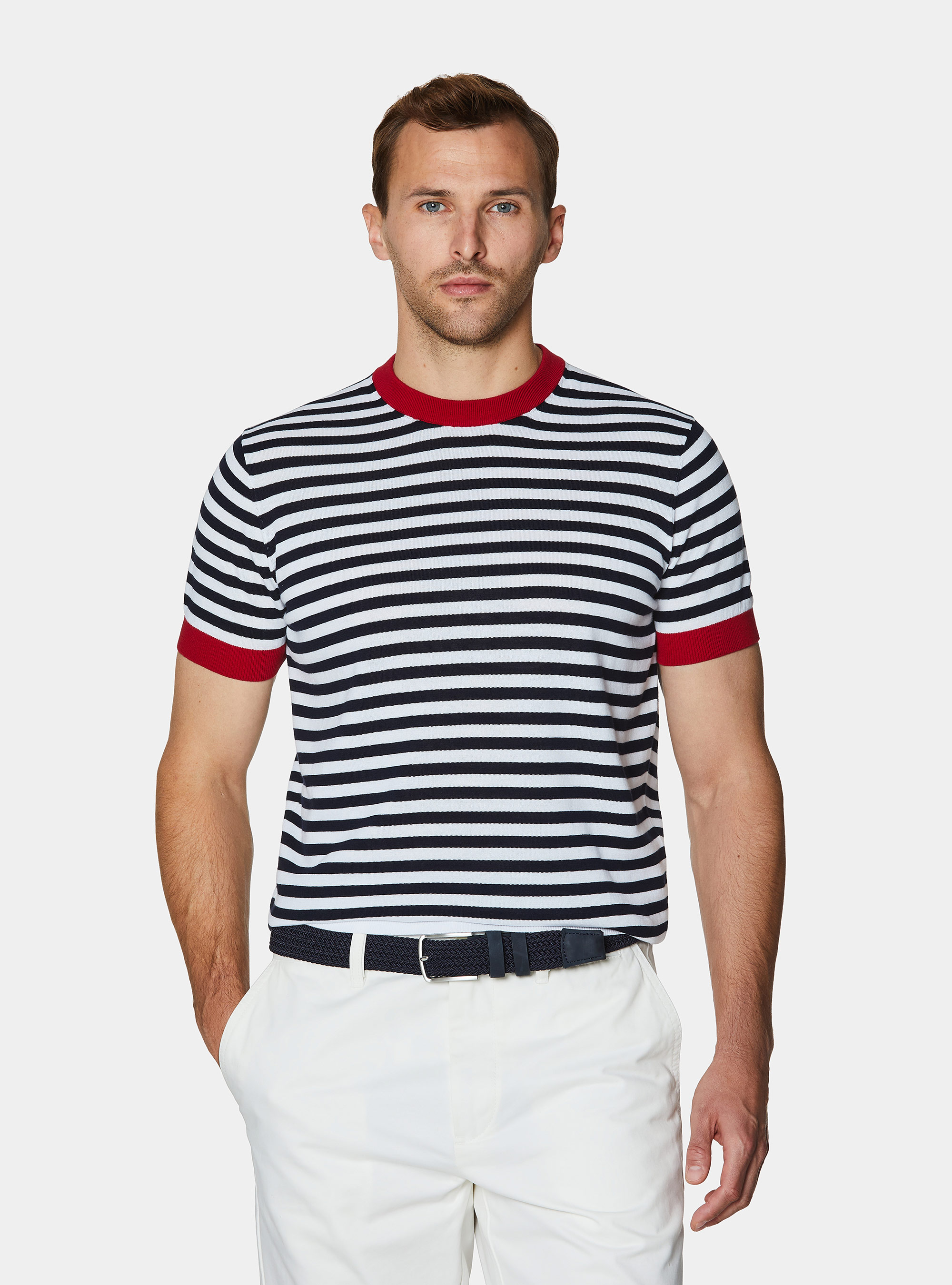 Extra-fine striped cotton crew neck sweater, NAVY BLUE