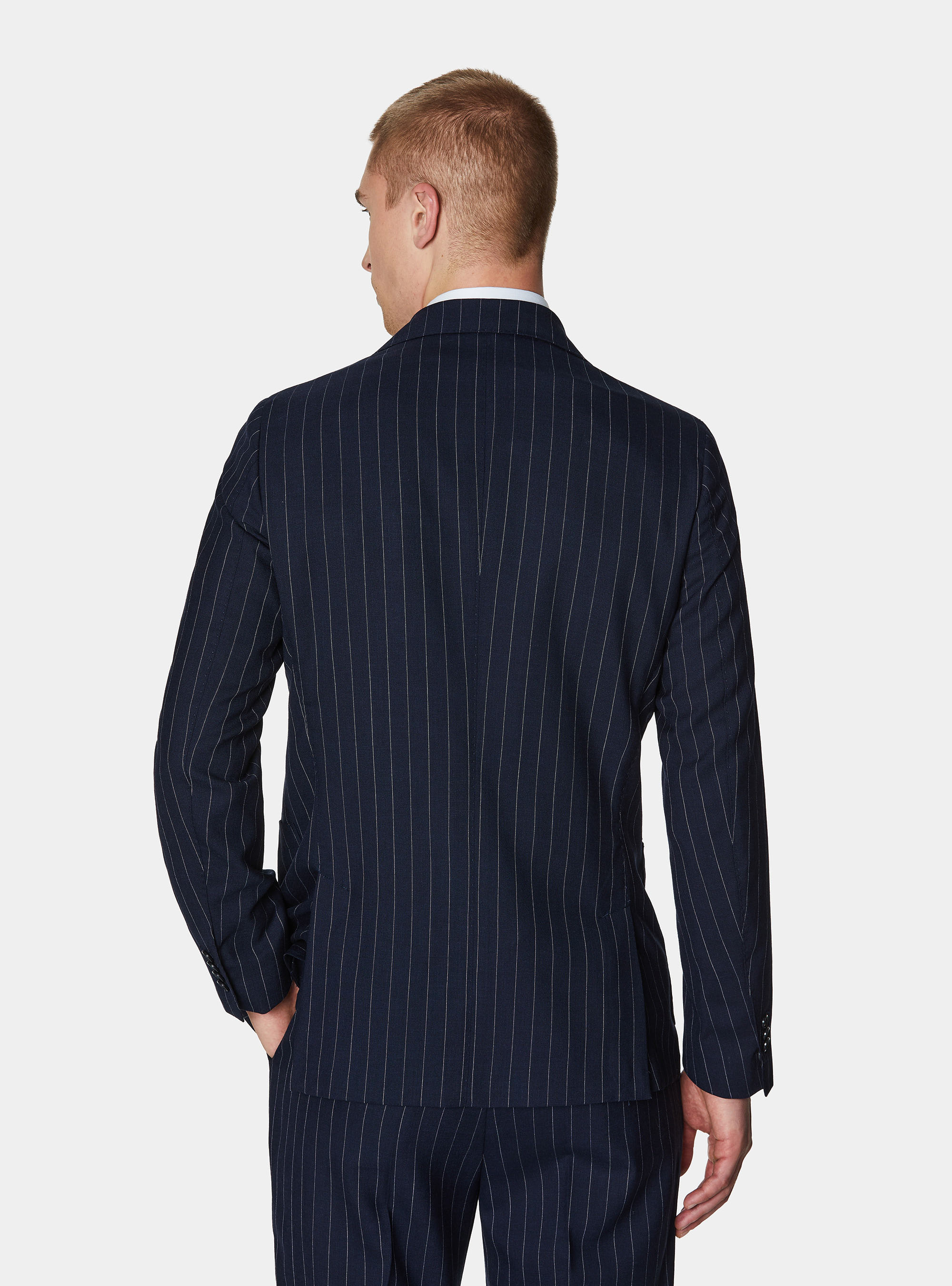 Double-breasted pinstriped wool suit blazer, NAVY BLUE