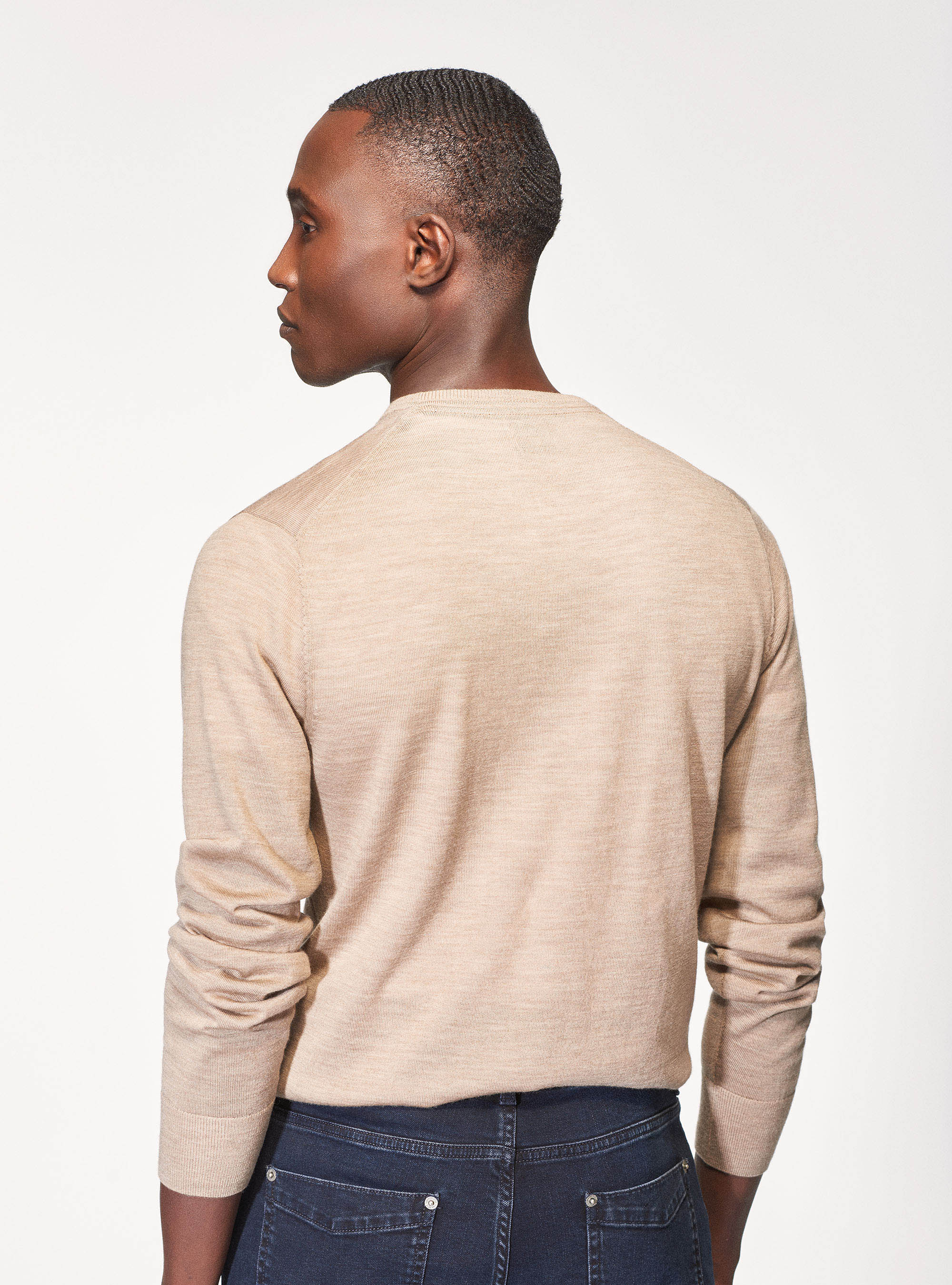 Maglia girocollo in pura lana merino extrafine, SABBIA