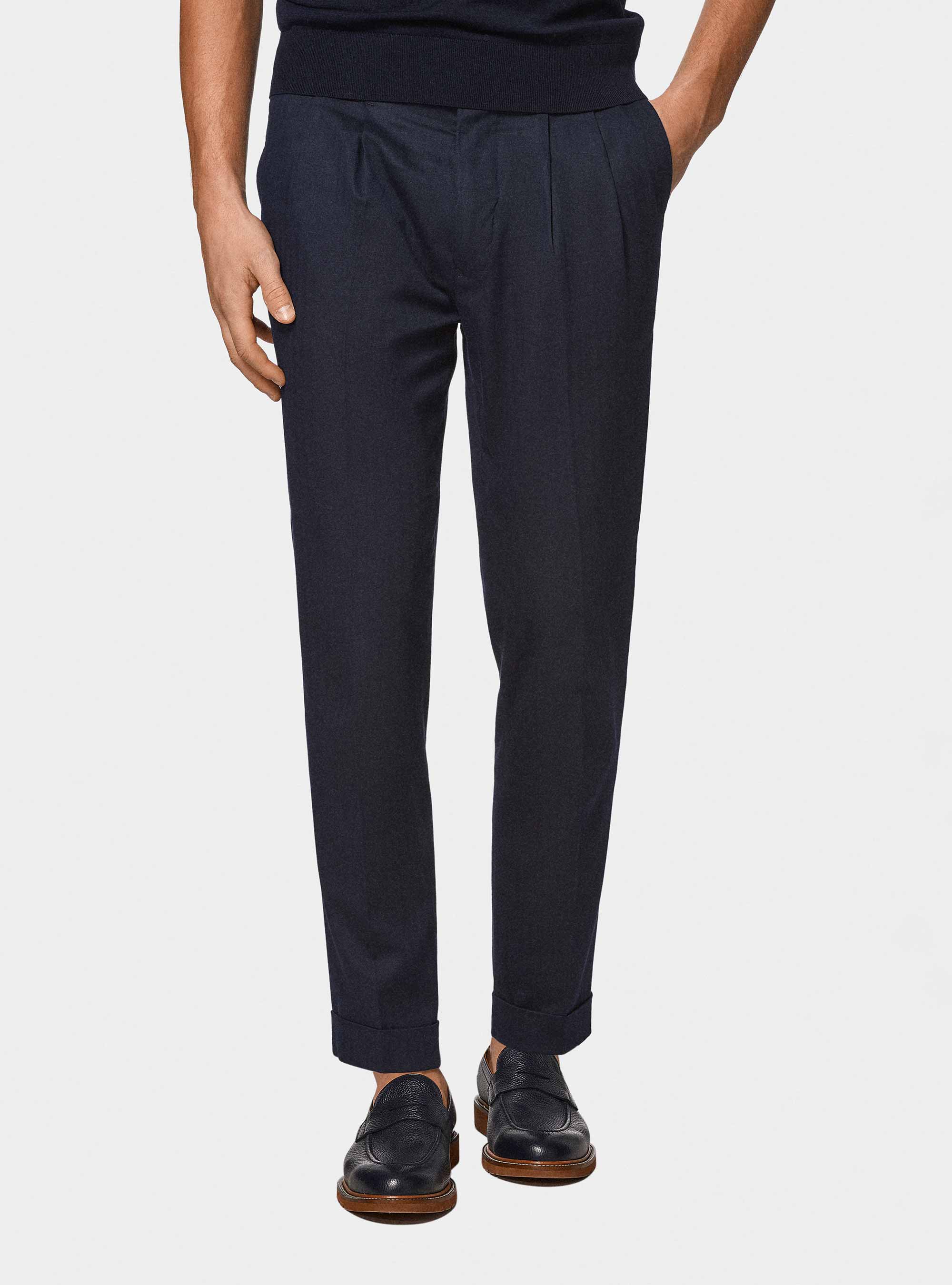 Pantaloni abito doppiopetto in cotone e lino, BLU NAVY