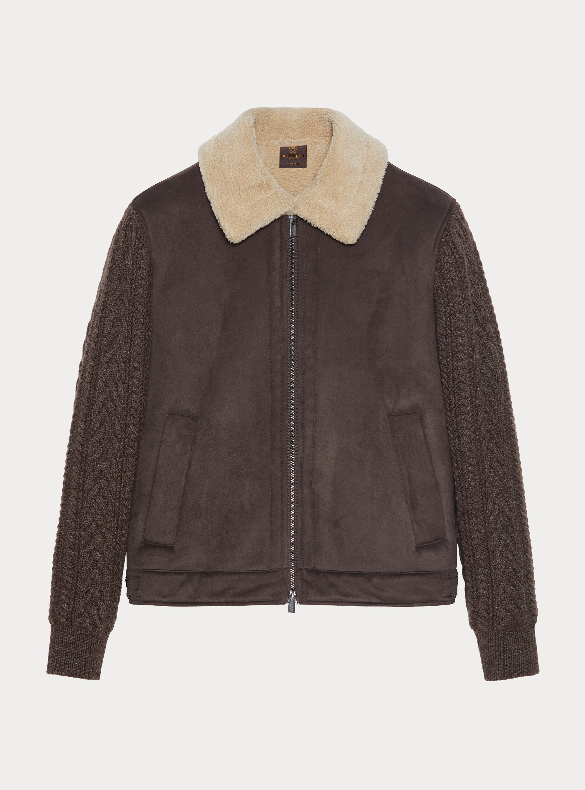 Suede-effect shearling with knit sleeves, BROWN
