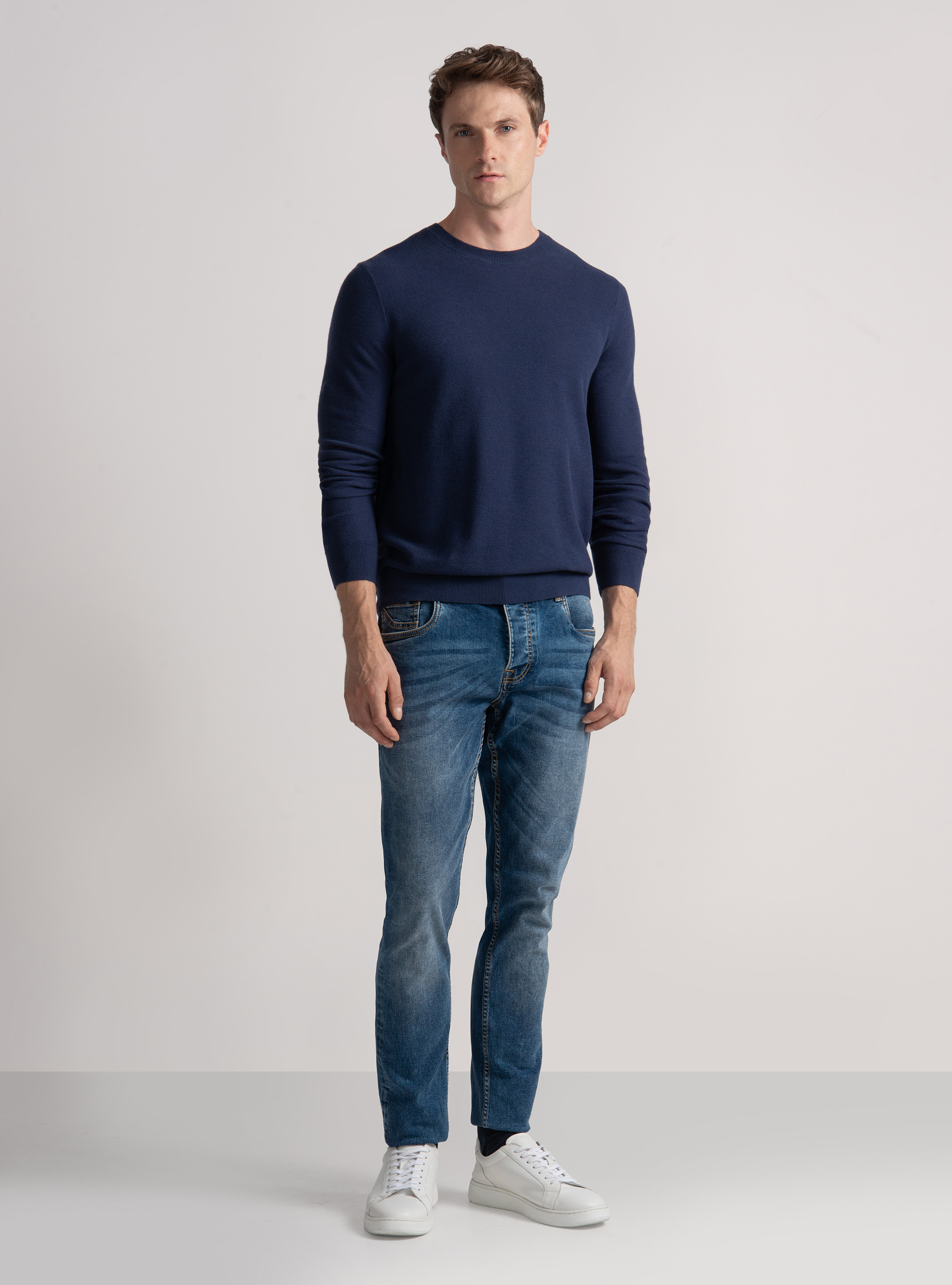 Trikot mit Rundhalsausschnitt aus Baumwolle und Kaschmir mit Wabenmuster, INCHIOSTRO 0232C