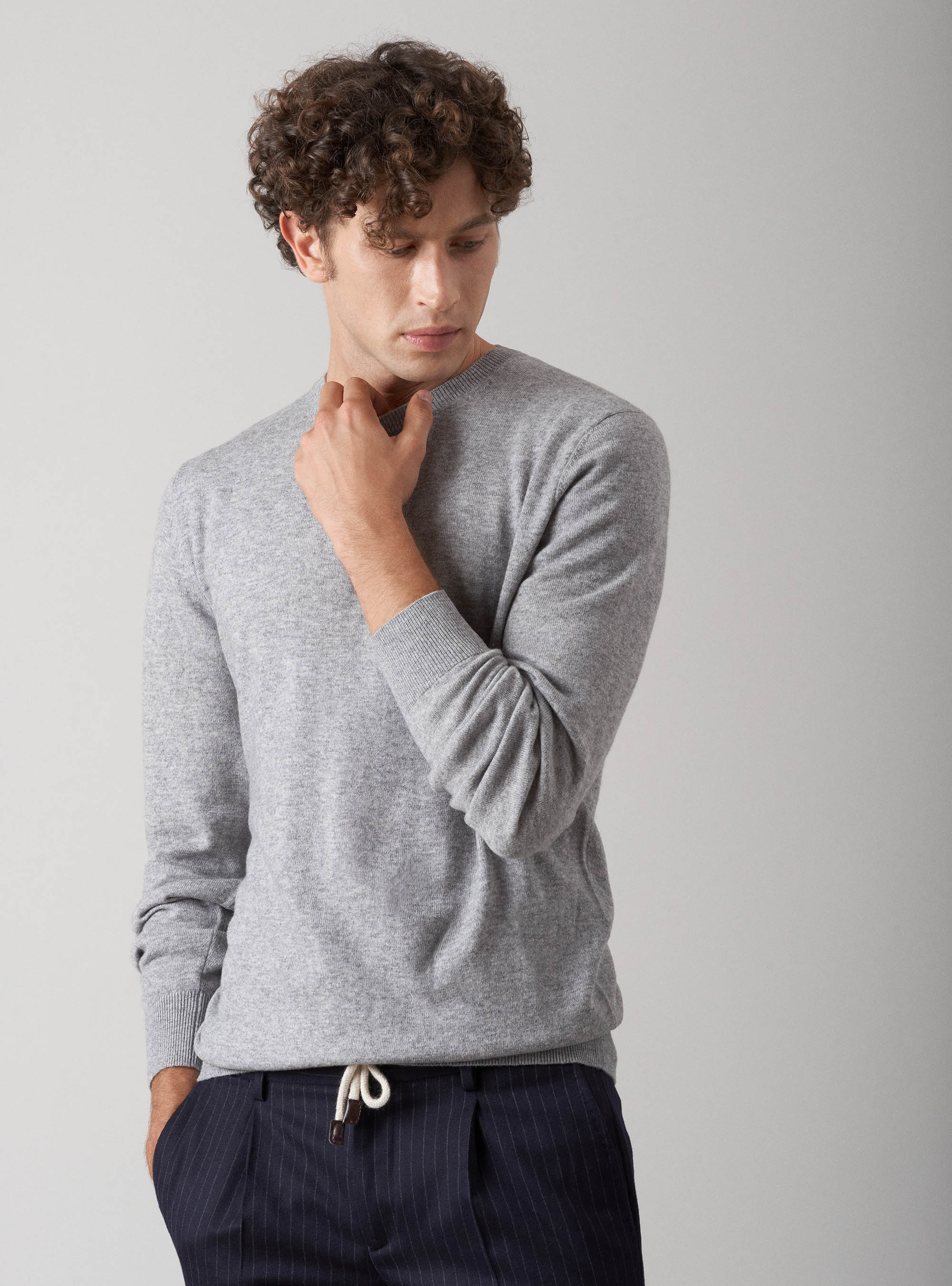 Maglia girocollo in lana lambswool e cashmere, GRIGIO CHIARO MELANGE