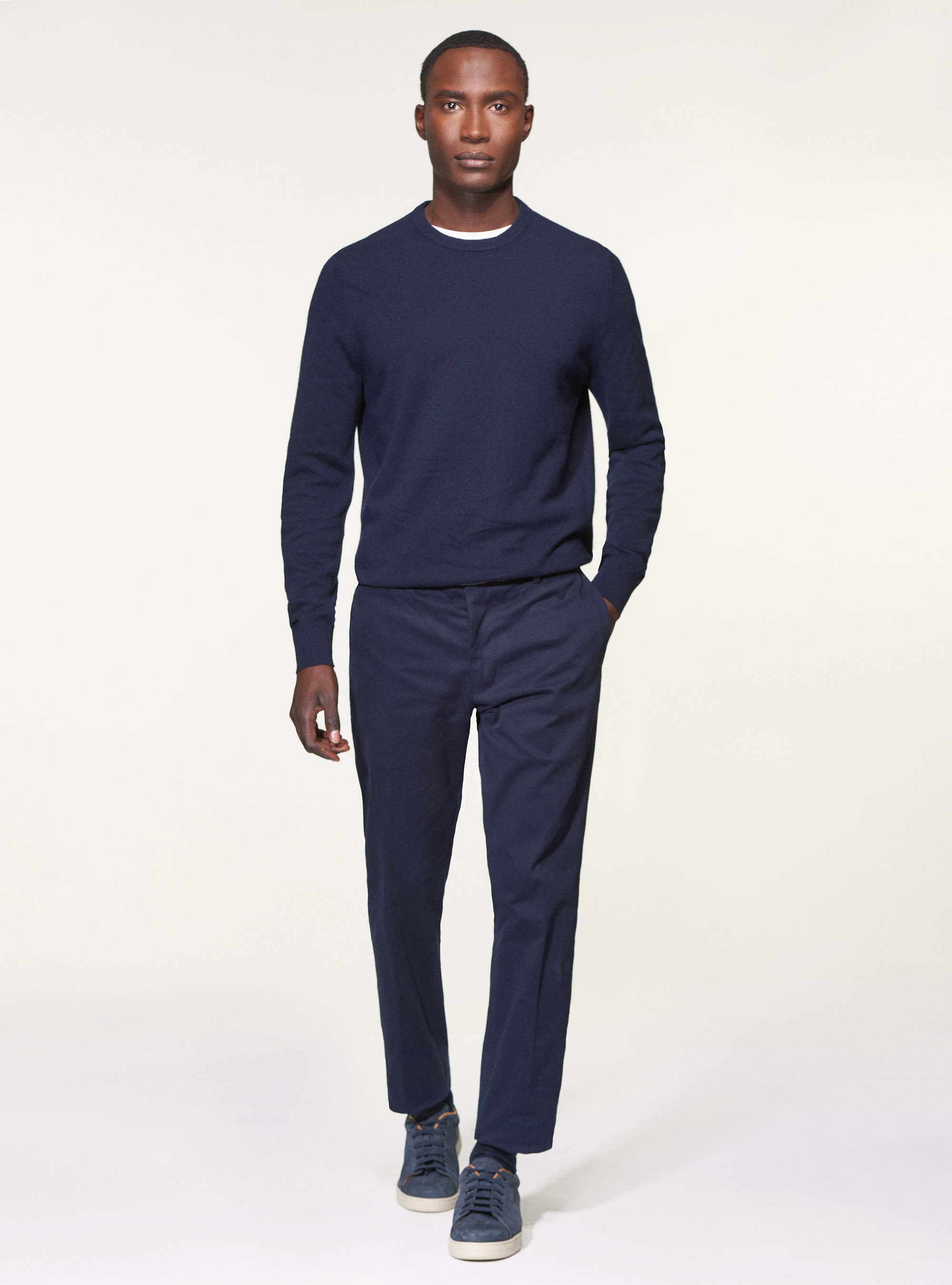Frosted cotton twill slack trousers, NAVY BLUE