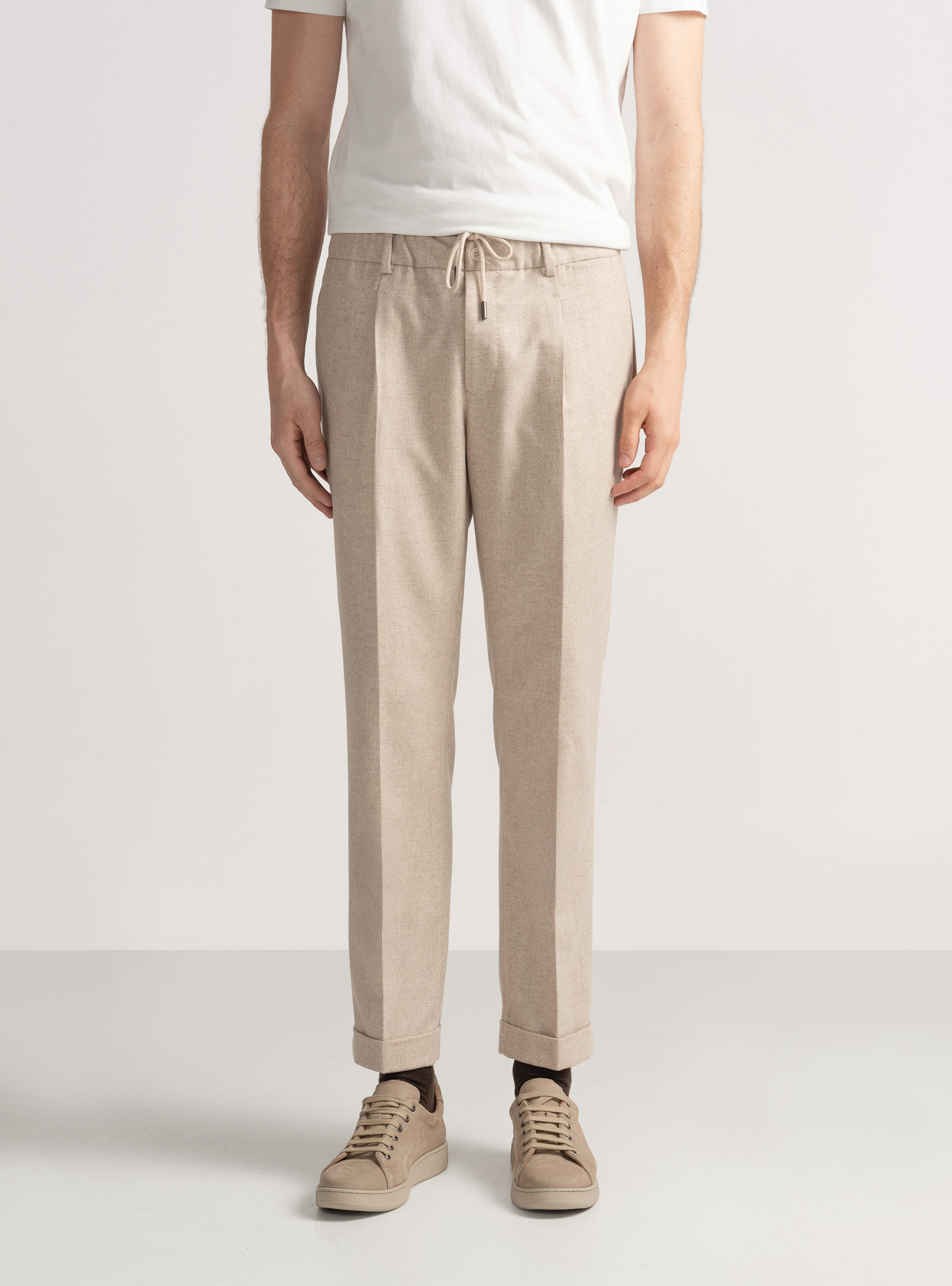 Pantaloni leggeri con pince e coulisse in misto lana, ECRU