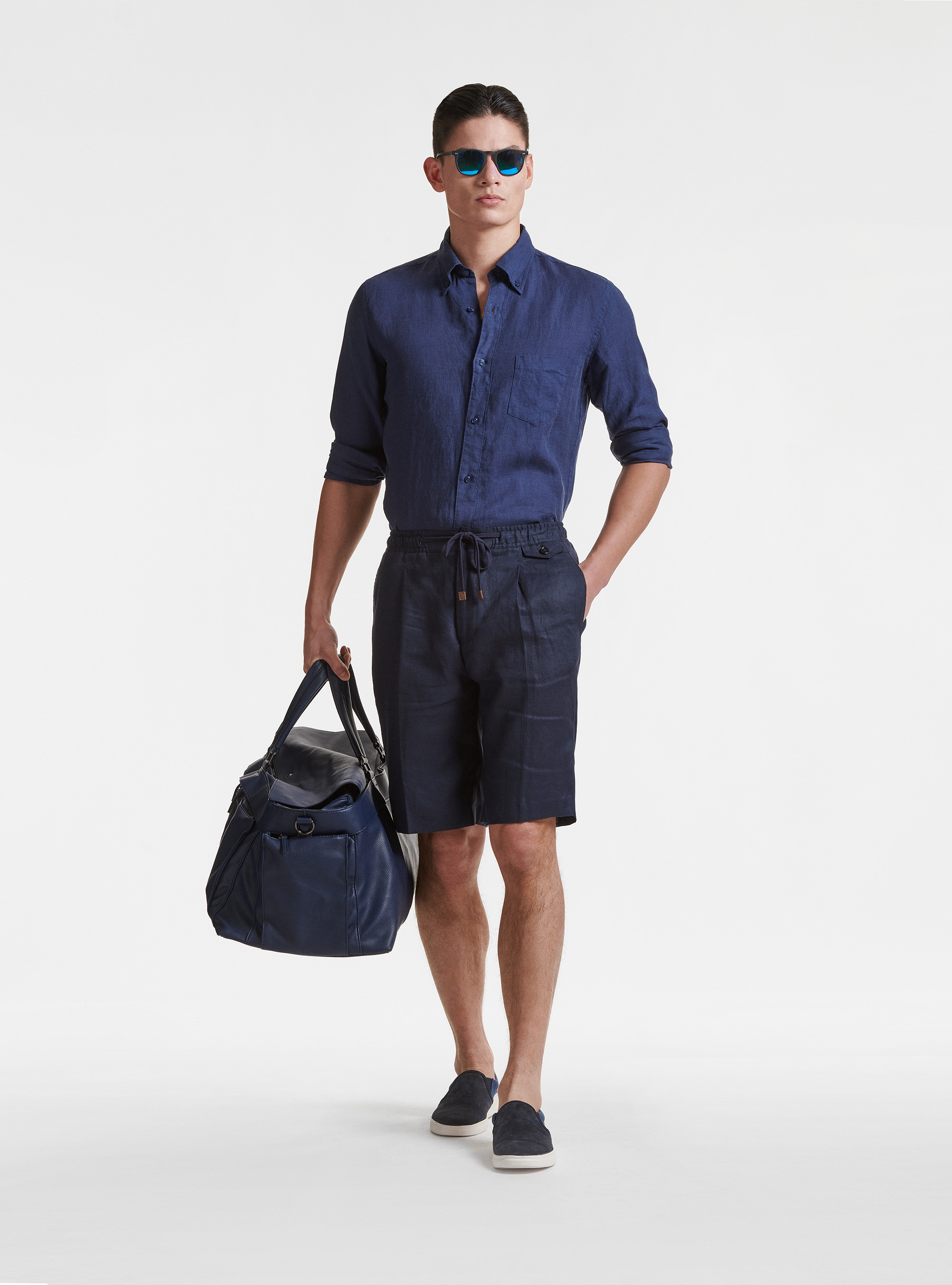 Button-down collar shirt in pure linen, NAVY BLUE