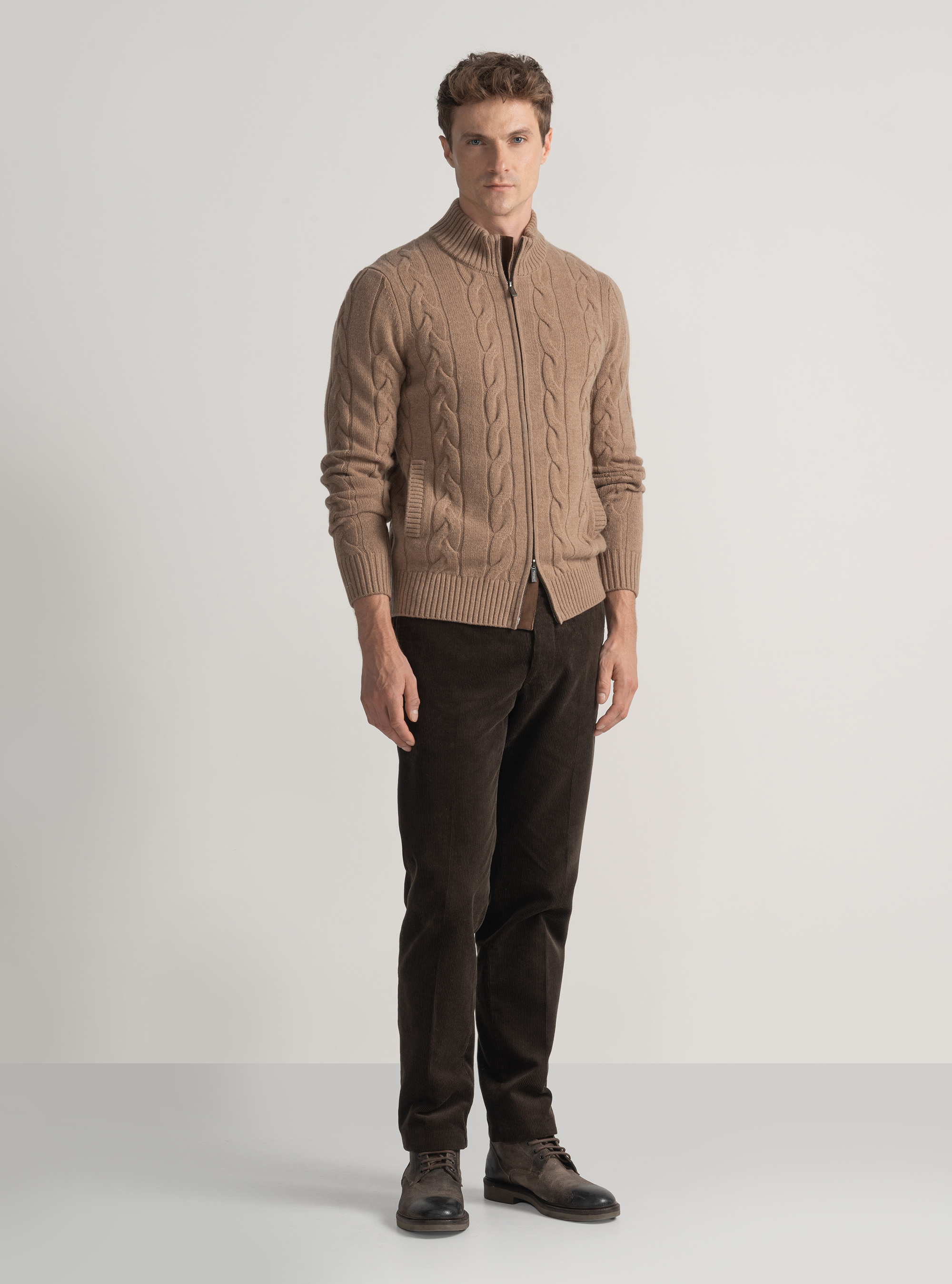 Maglia con zip e treccia in lana cashmere, CAMMELLO 0570C