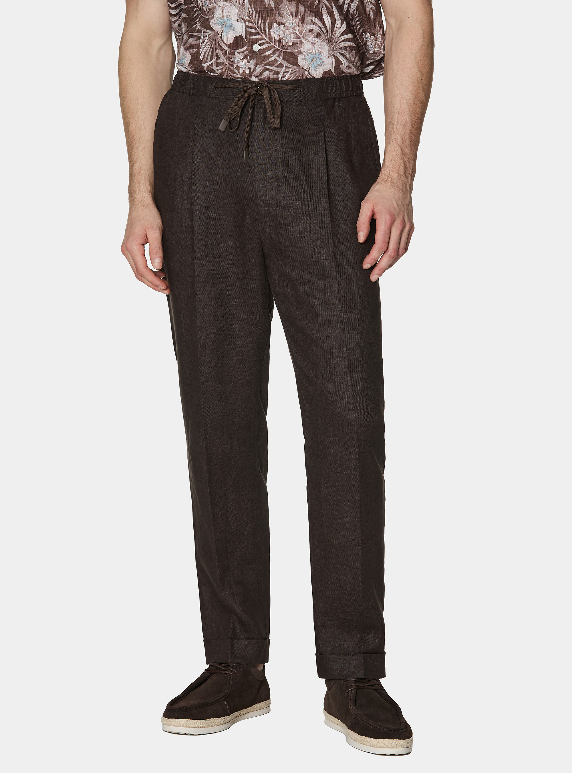 Pantal&oacute;n de lino puro con pinzas y cord&oacute;n de ajuste, MARRON