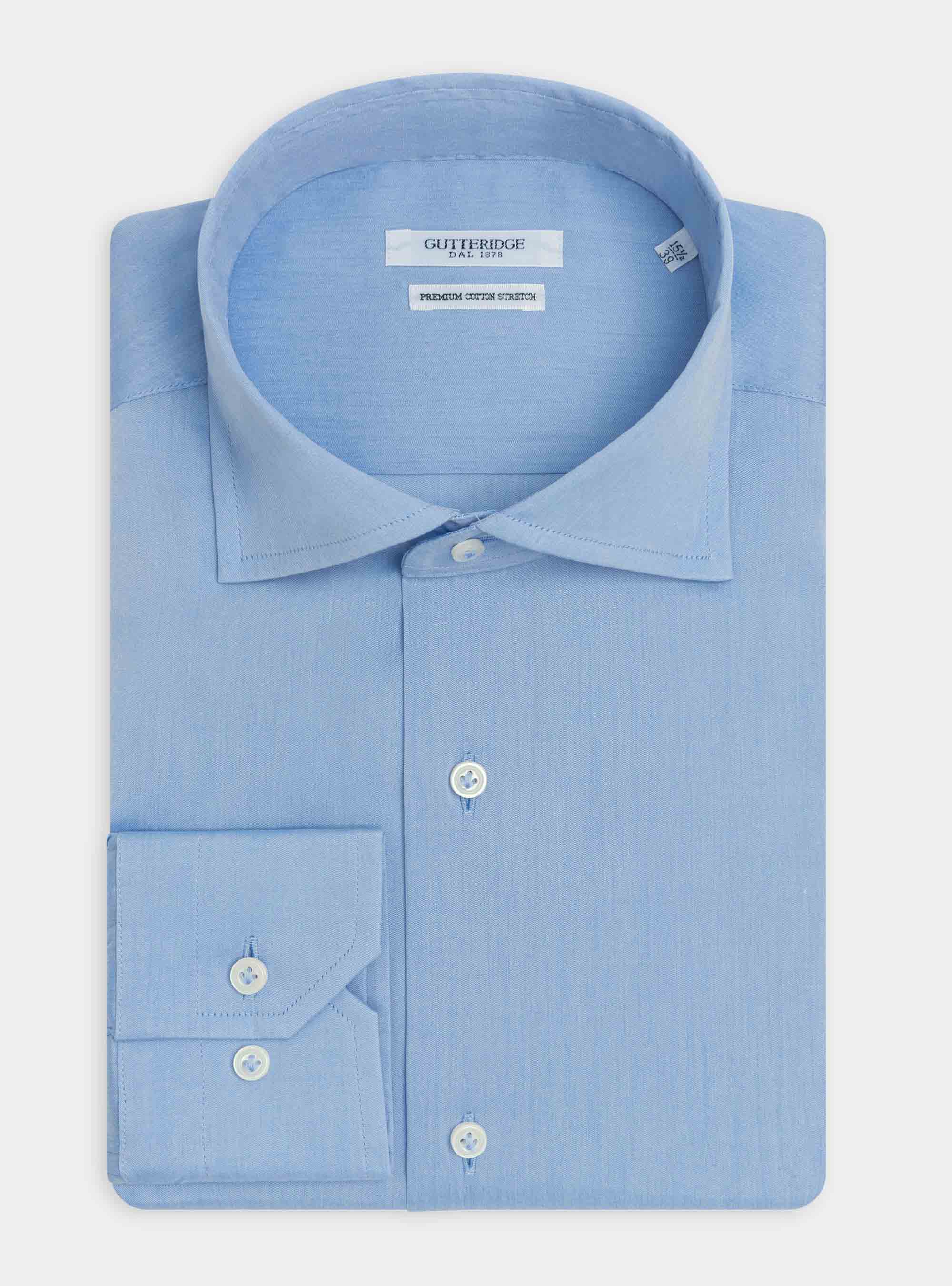 Camicia collo semi francese in popeline stretch, AZZURRO