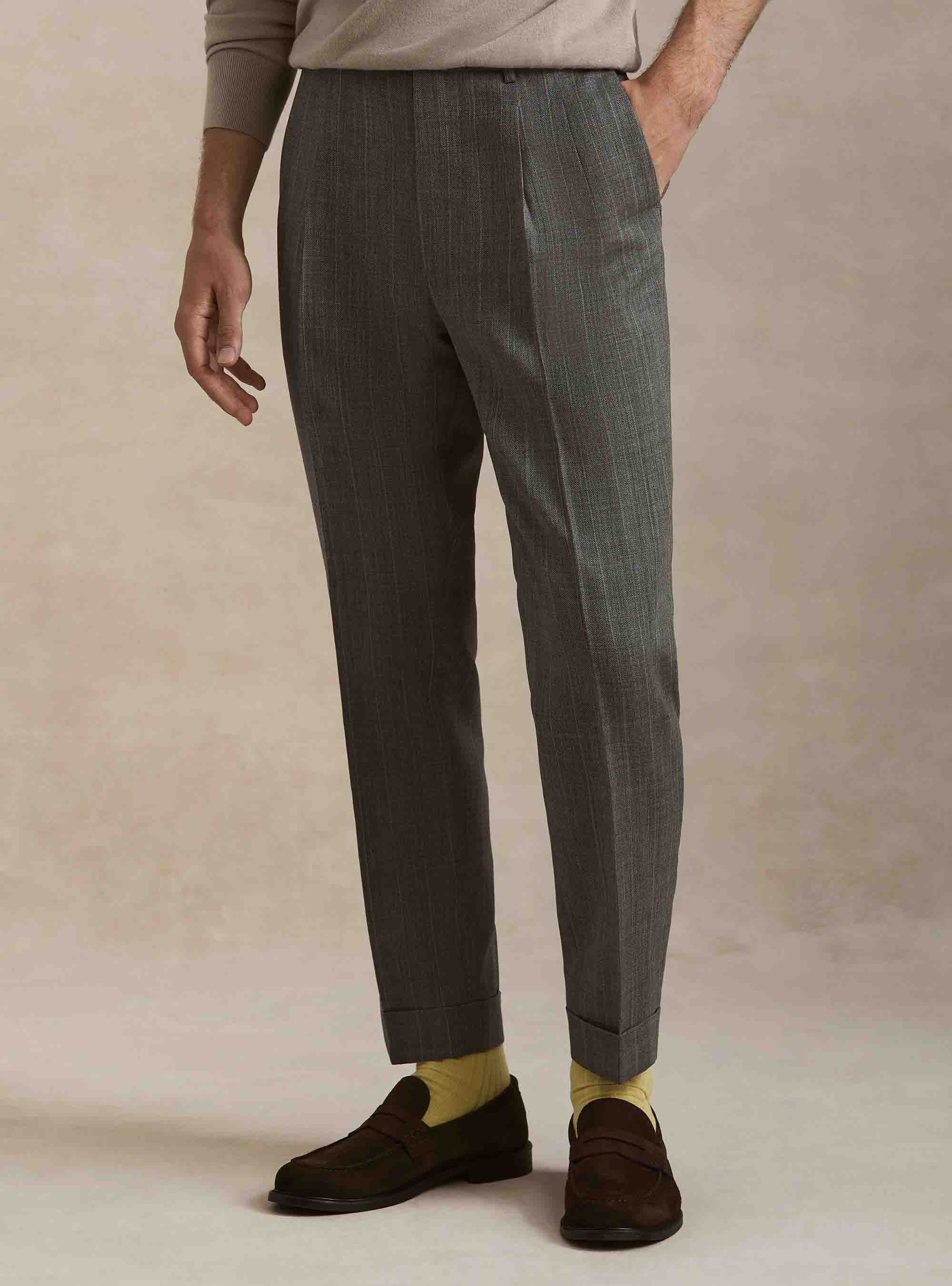Pantalones de pinzas de pura lana de espiga, GRIGIO MED MEL 0123C