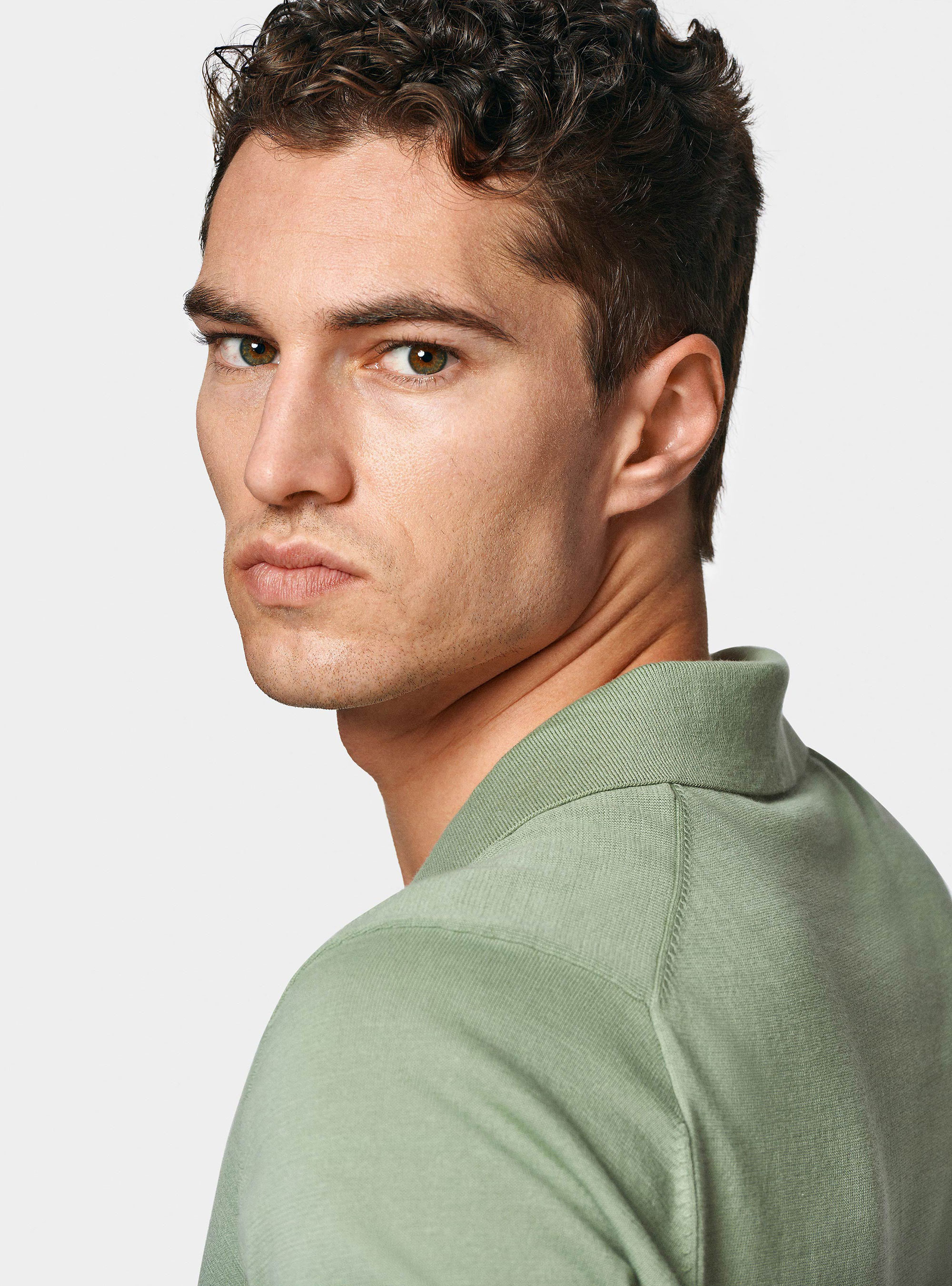 Polo in maglia senza bottoni in cotone extrafine, SALVIA 0602C