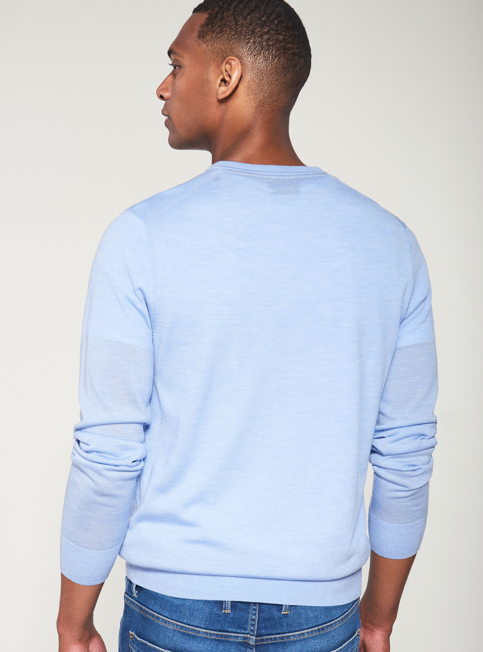 Maglia girocollo in pura lana merino extrafine, AZZURRO