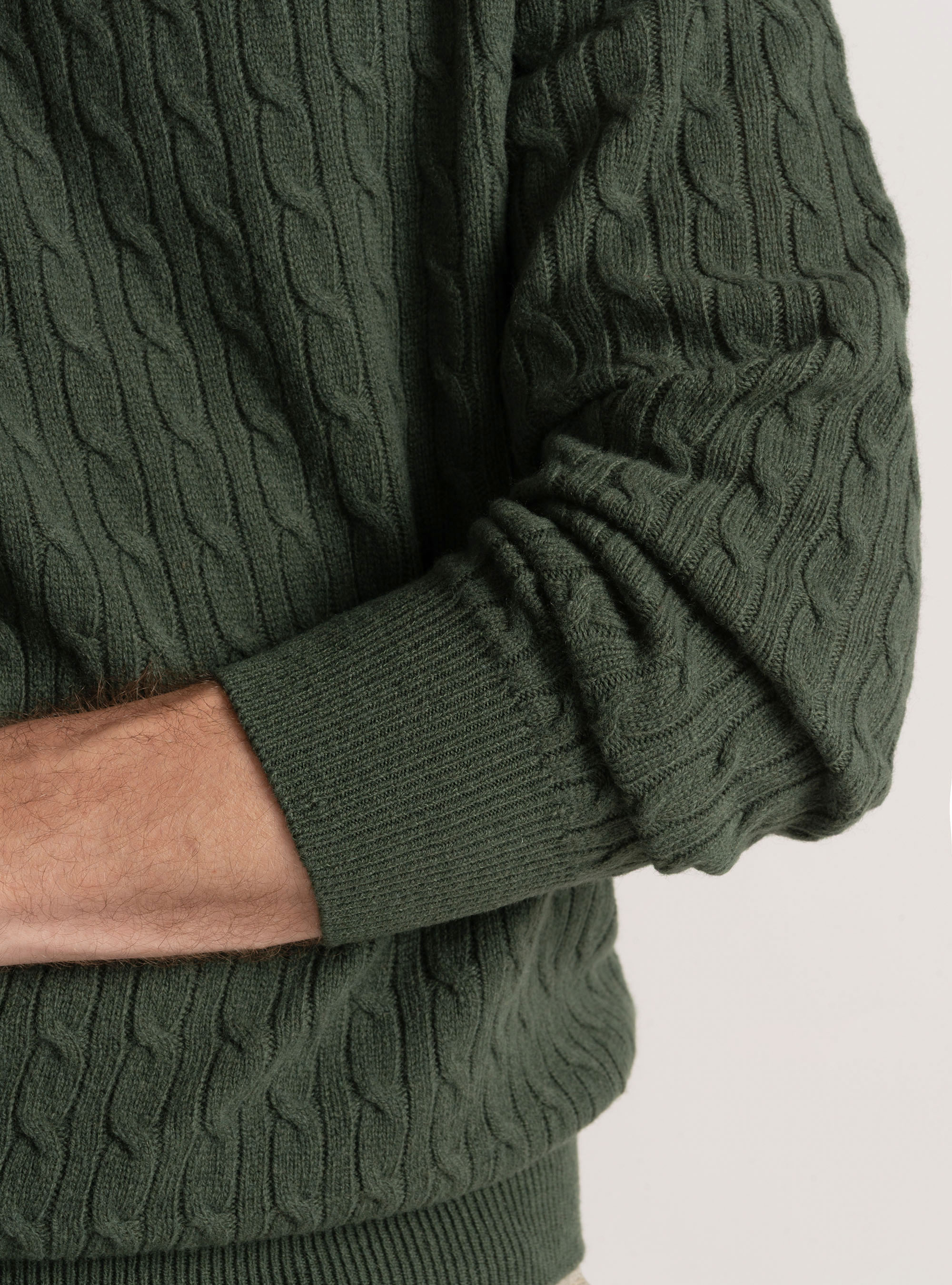 Maglia girocollo con treccia in lana e cashmere, MILITARE 0609C