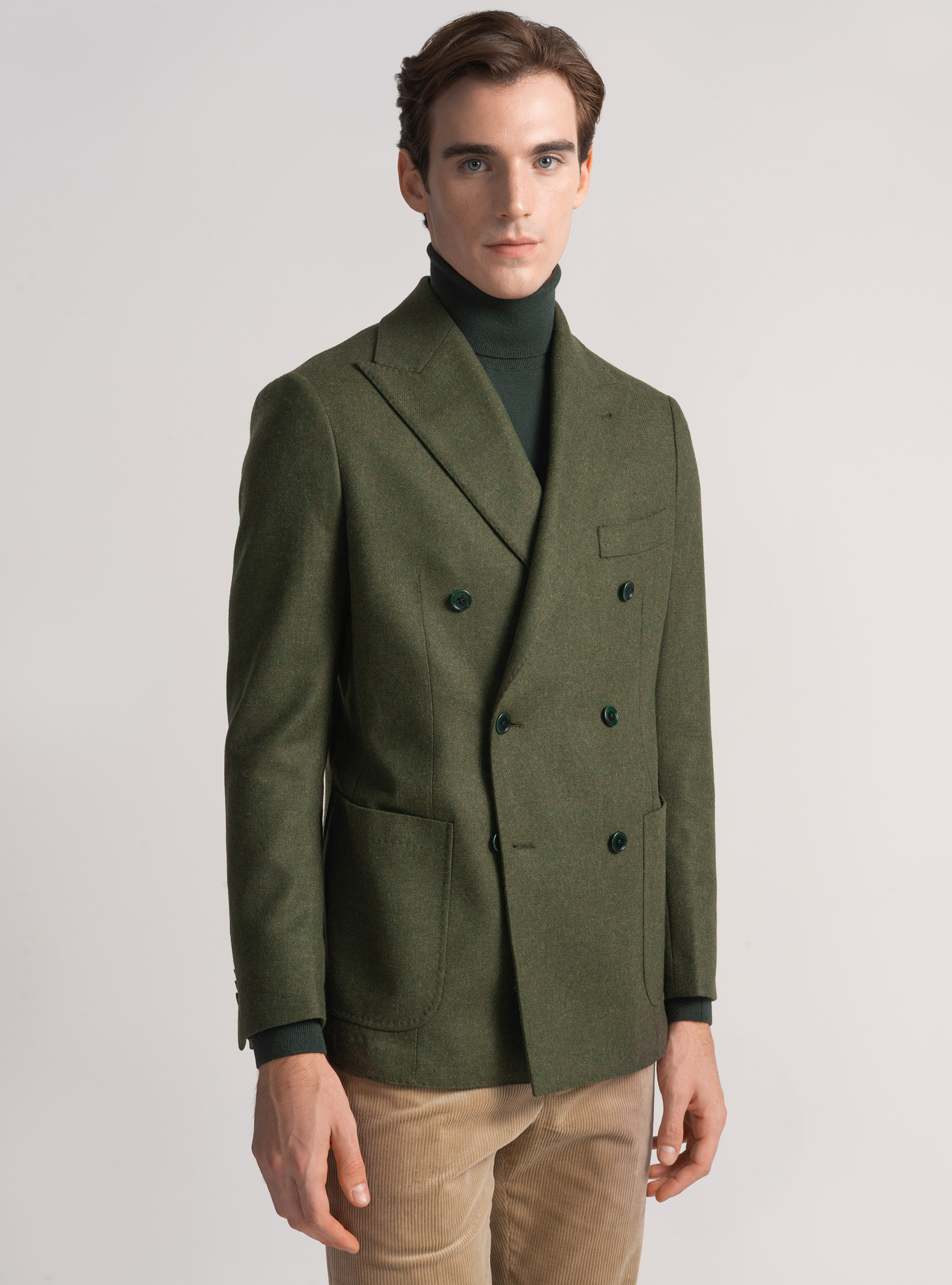 Giacca doppiopetto in flanella di lana, VERDE