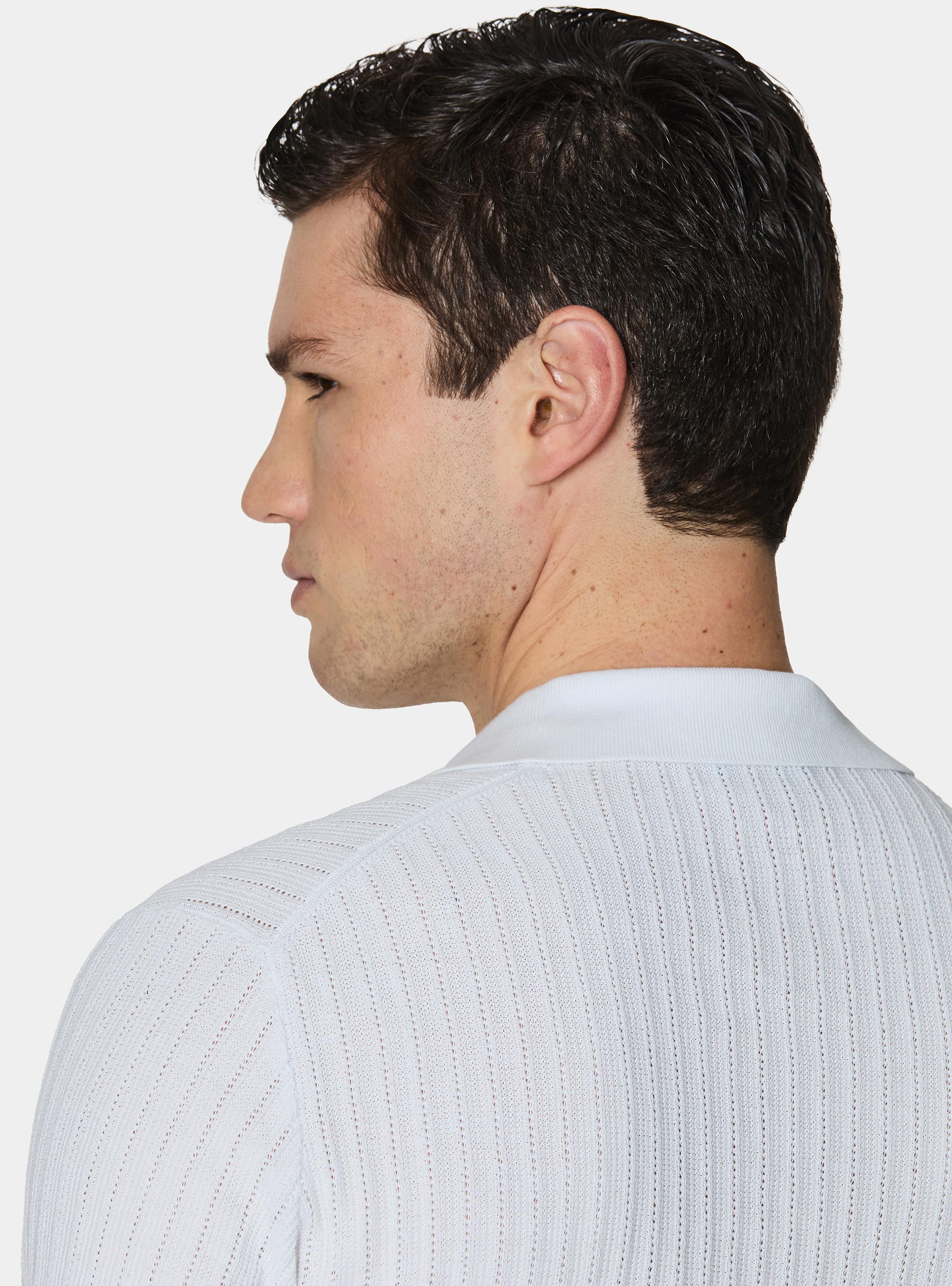 Polo in maglia traforata senza bottoni in cotone extrafine, BIANCO