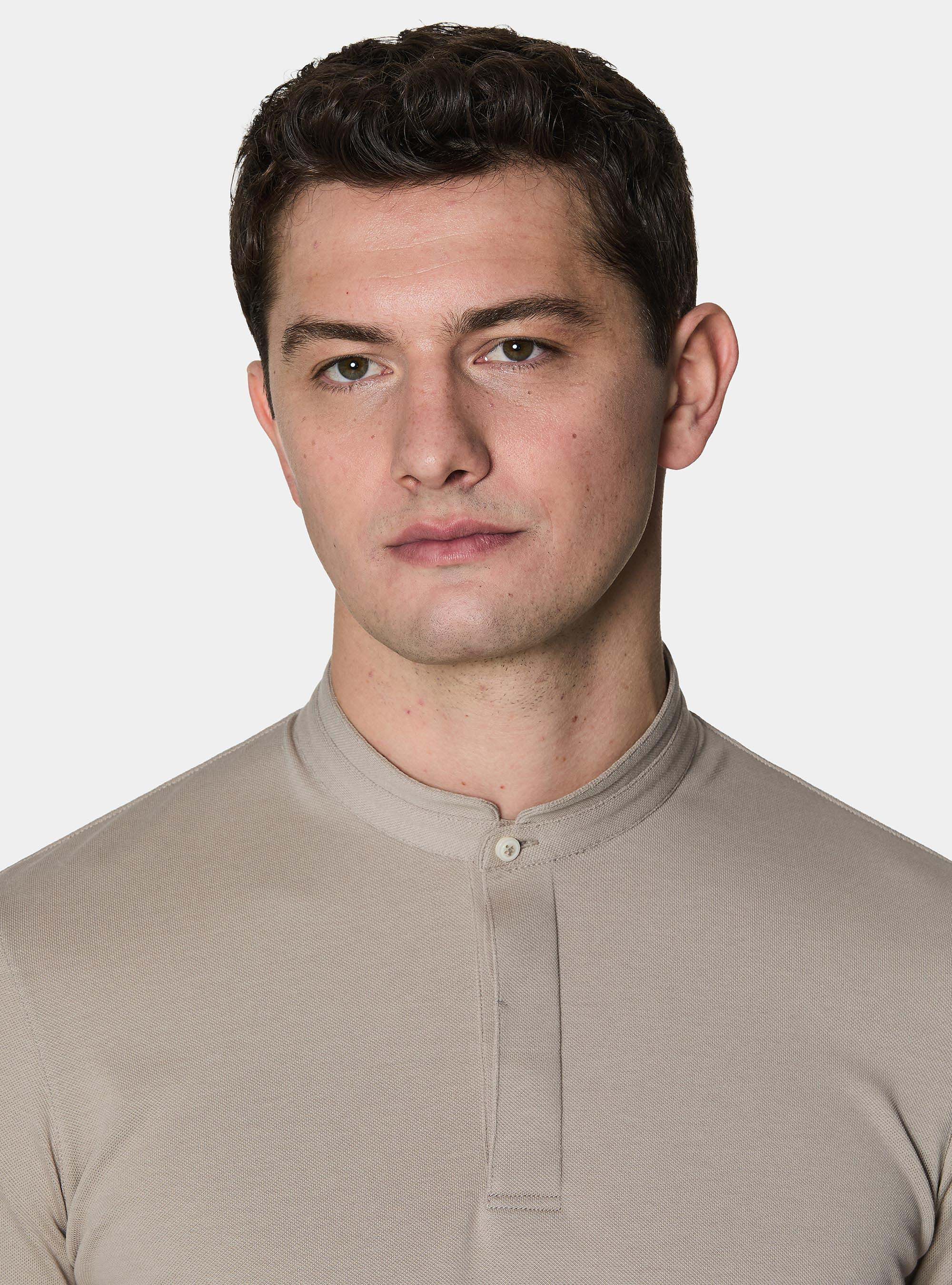 Polo collo coreano in misto cotone stretch, SABBIA 0591C