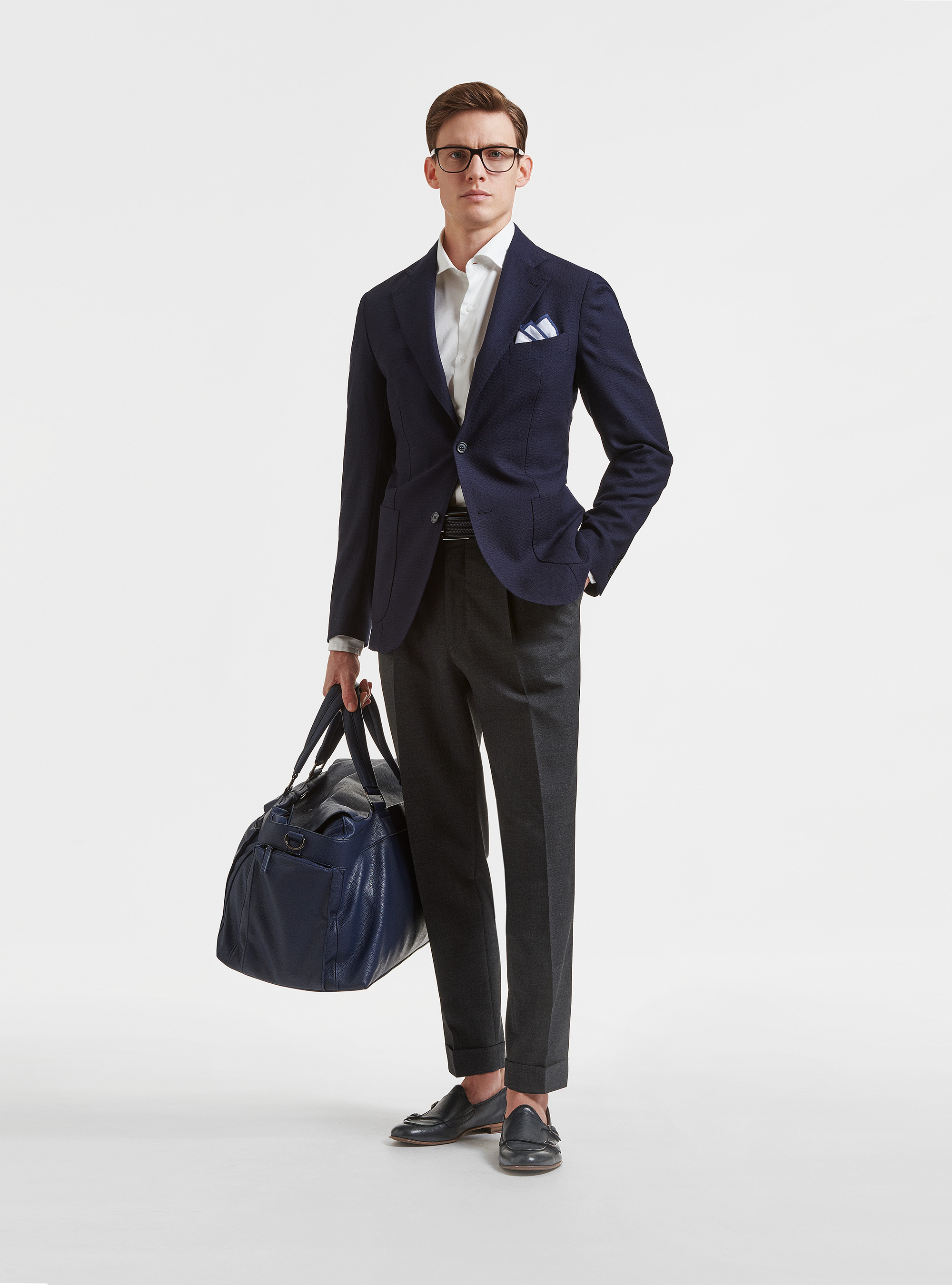 Giacca in pura lana hopsack, BLU NAVY