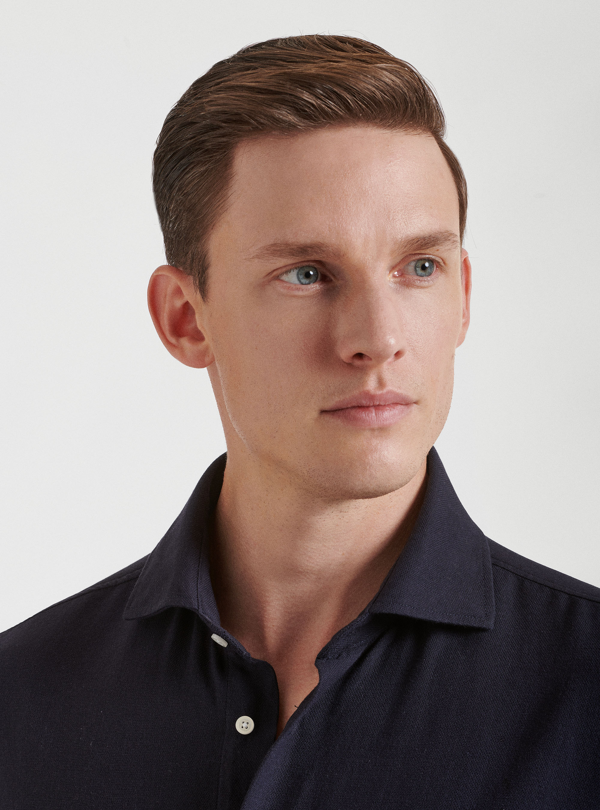 Semi-French collar shirt in pure gauzed cotton, NAVY BLUE