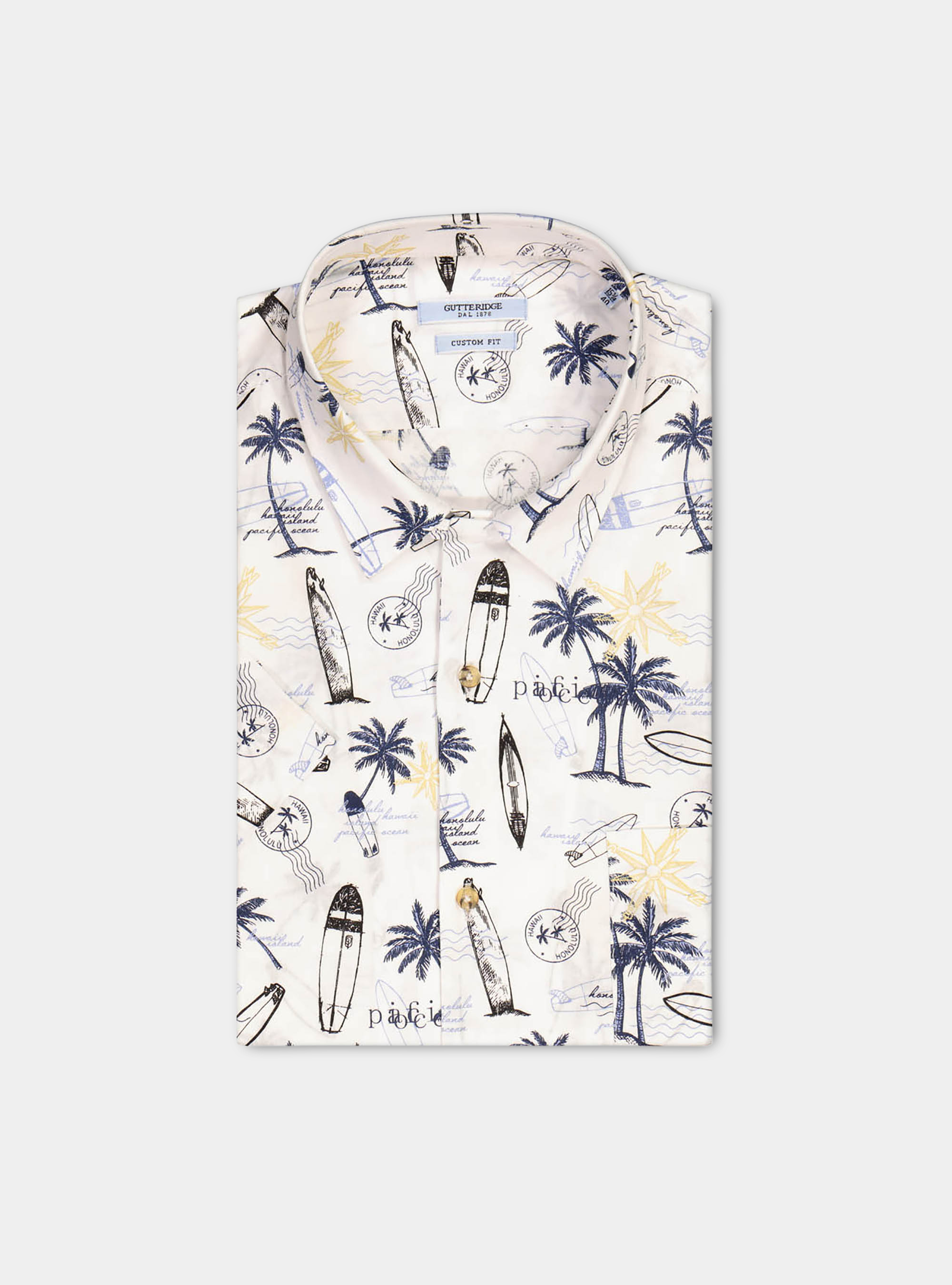 Camicia collo bowling stampa hawaiana, ECRU