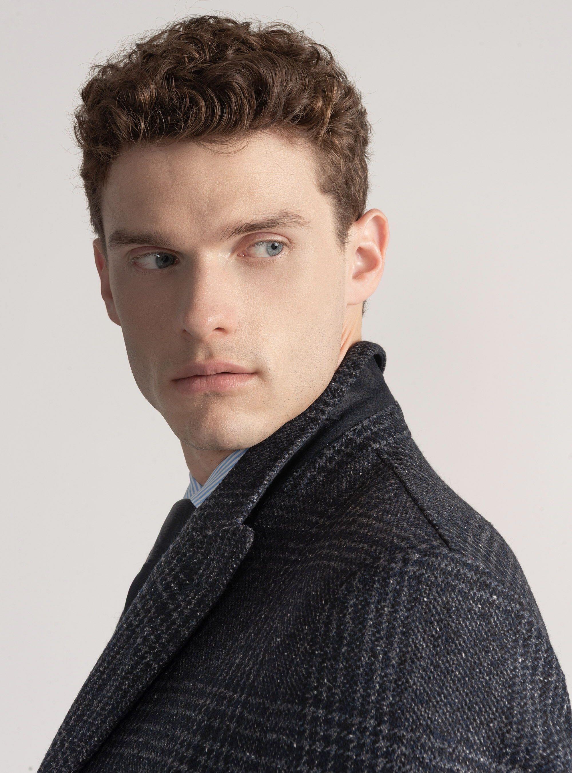 Cappotto doppiopetto fantasia in misto cashmere, BLU NAVY