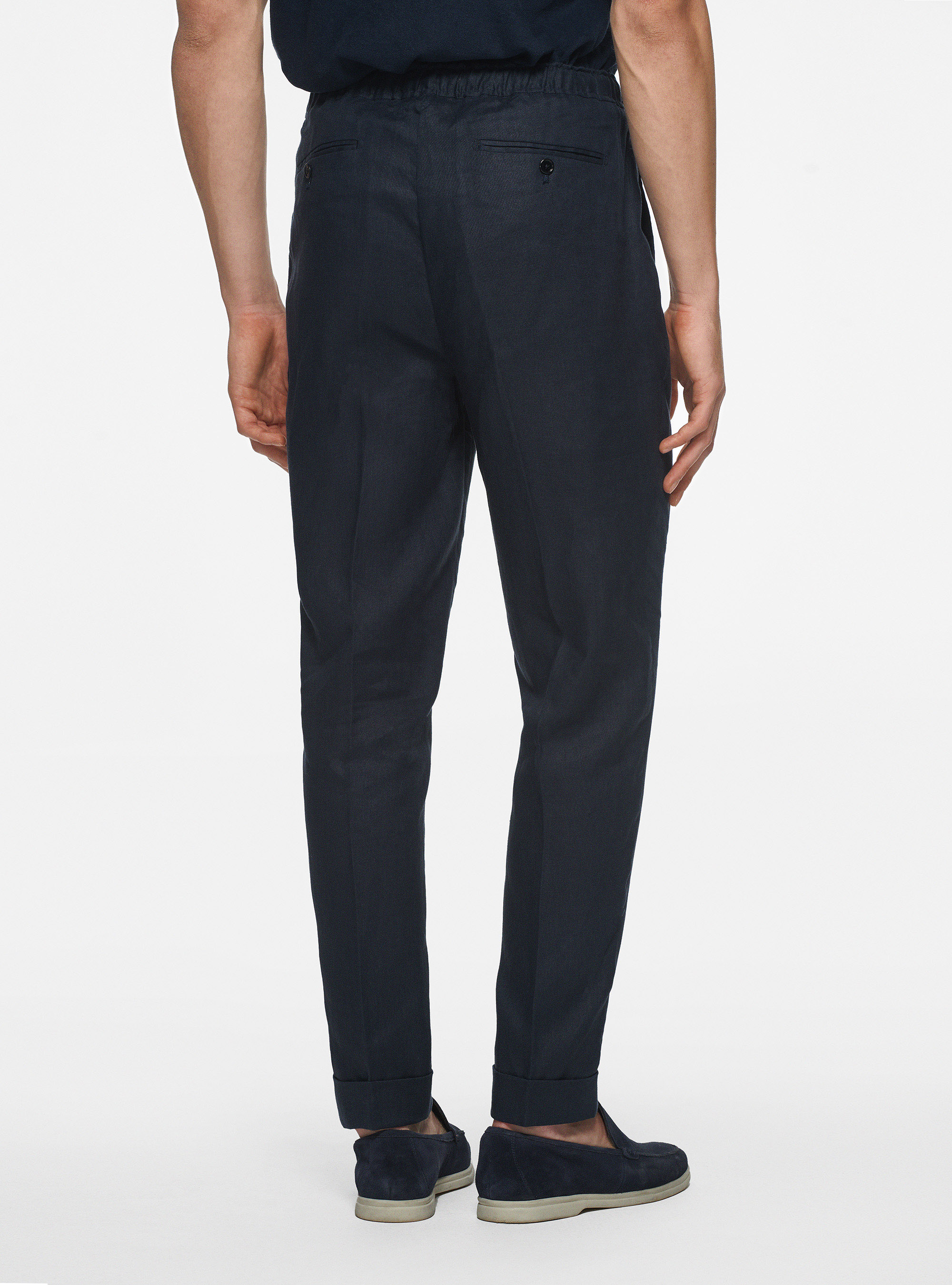 Pantaloni in puro lino con coulisse, BLU NAVY