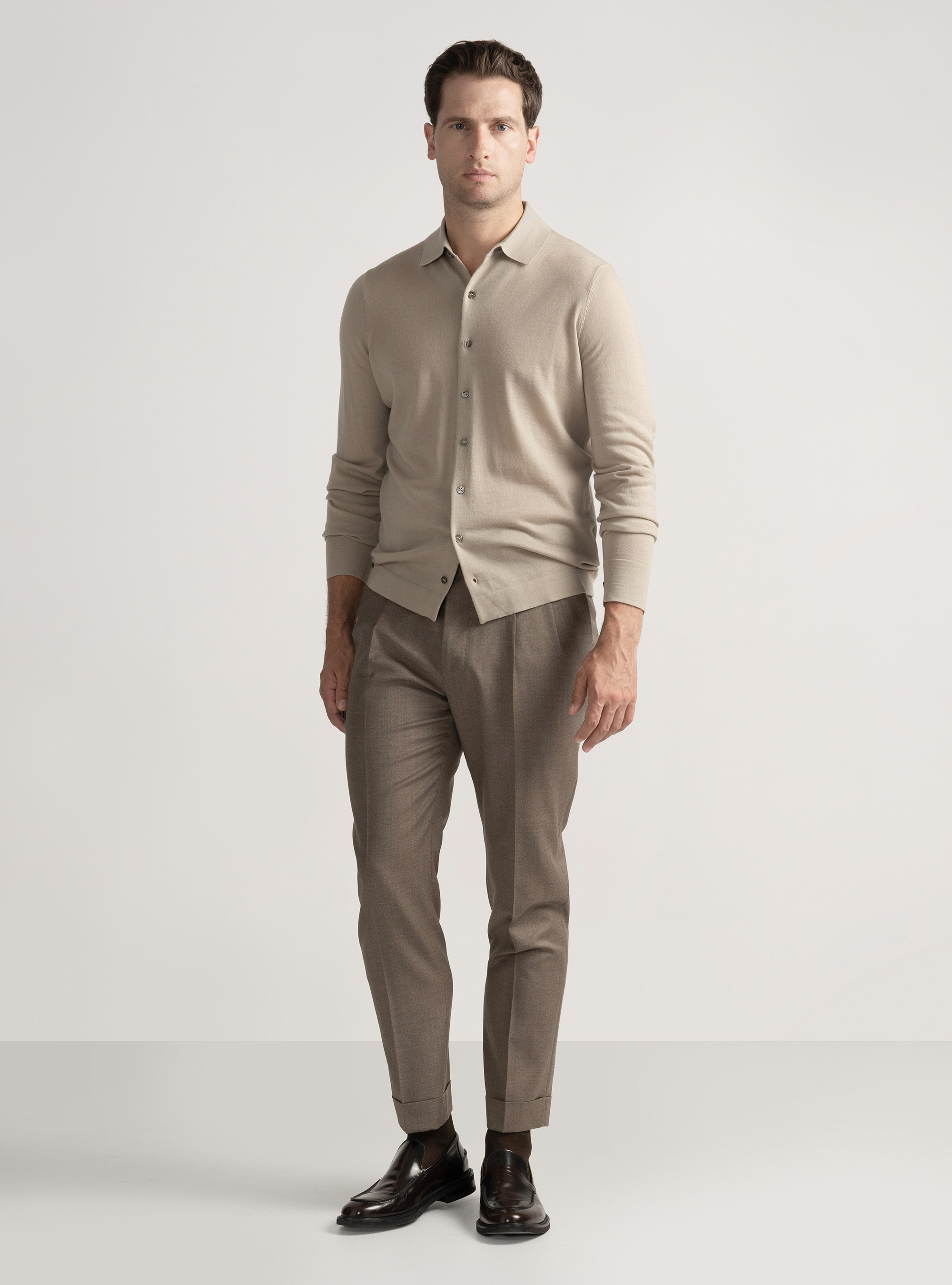 Polo camicia in maglia lana merino extrafine, SABBIA