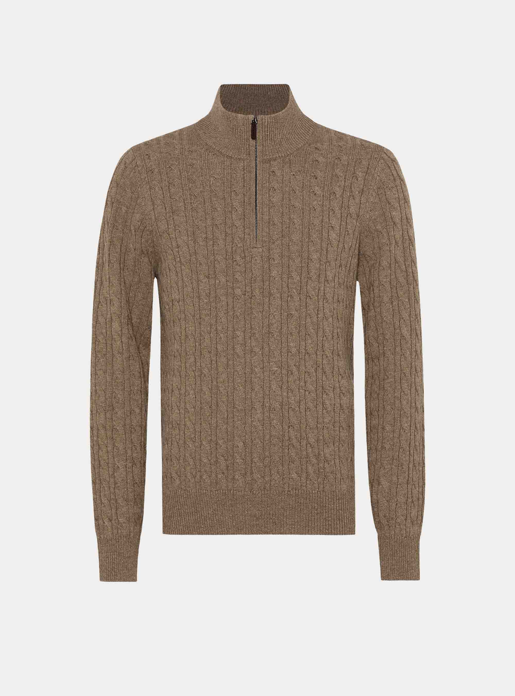 Maglia lupetto a trecce in lana e cashmere, FANGO