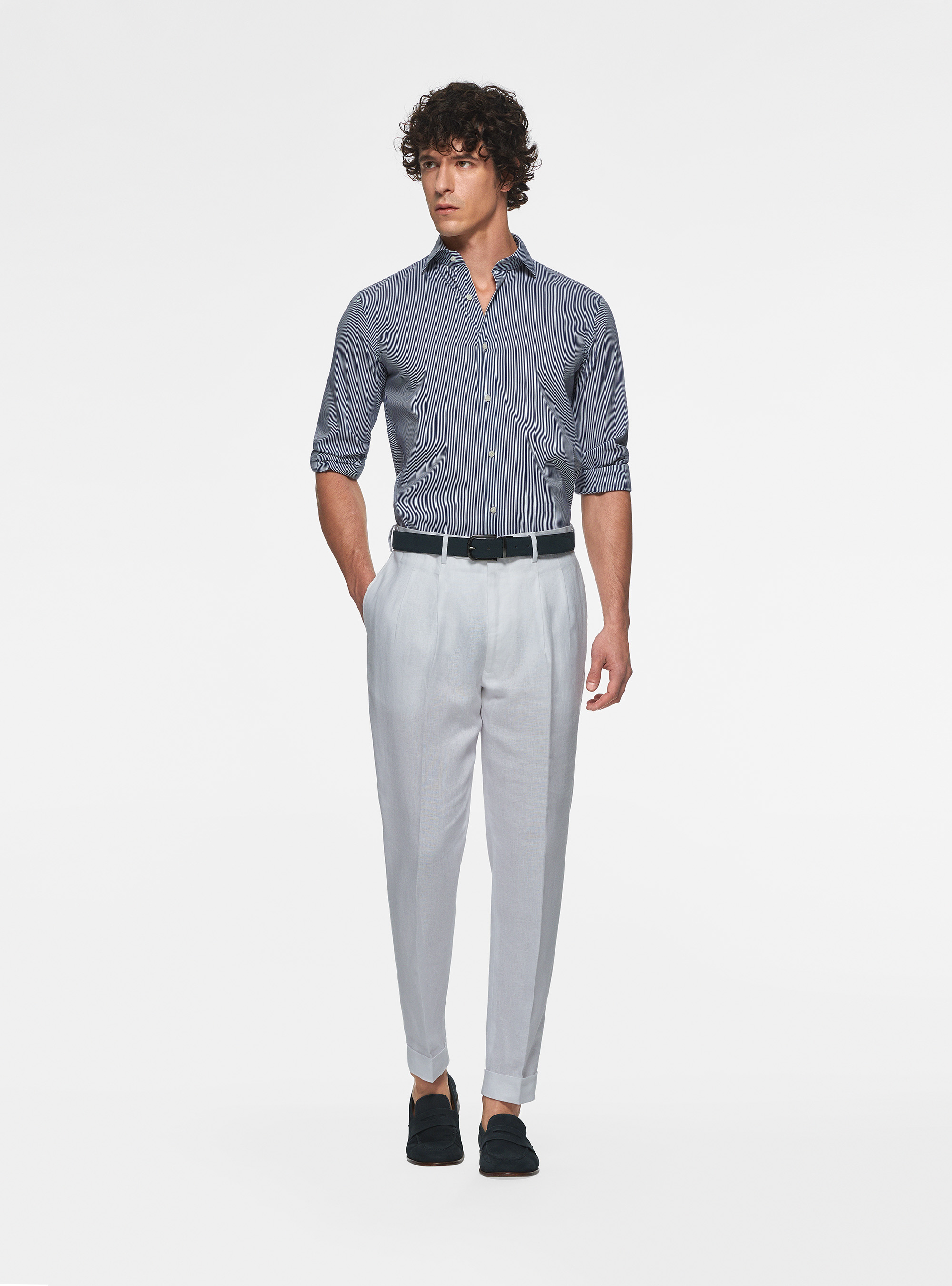 Camicia a righe popeline stretch, BLU NAVY