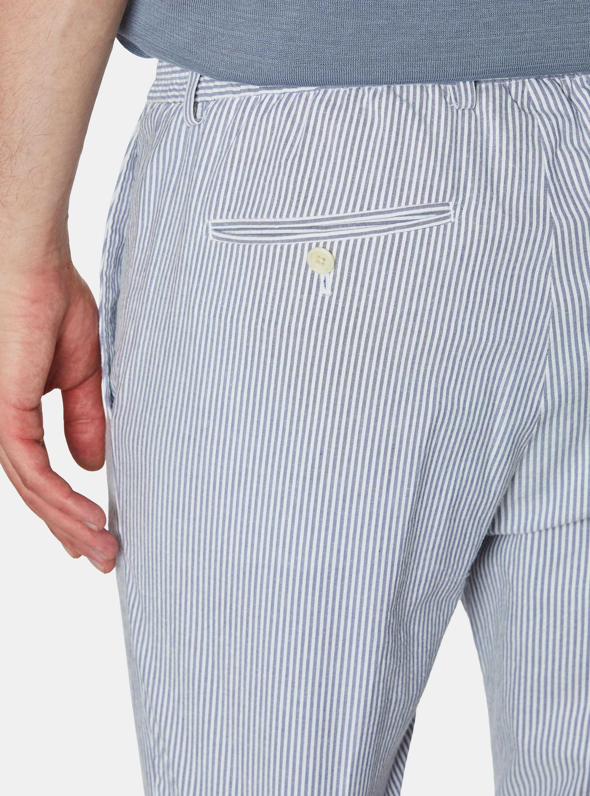 Seersucker cotton blend striped drawstring trousers, BLUE