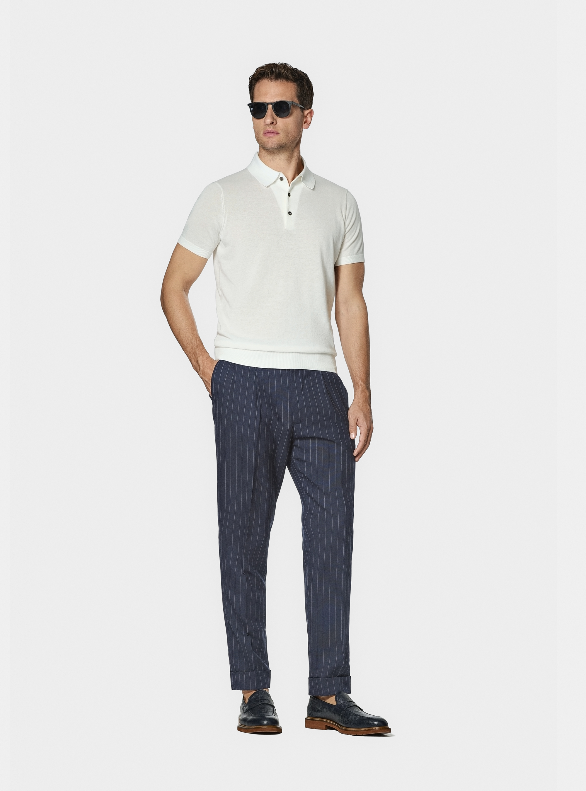 Extra-fine cotton knit polo shirt, WHITE