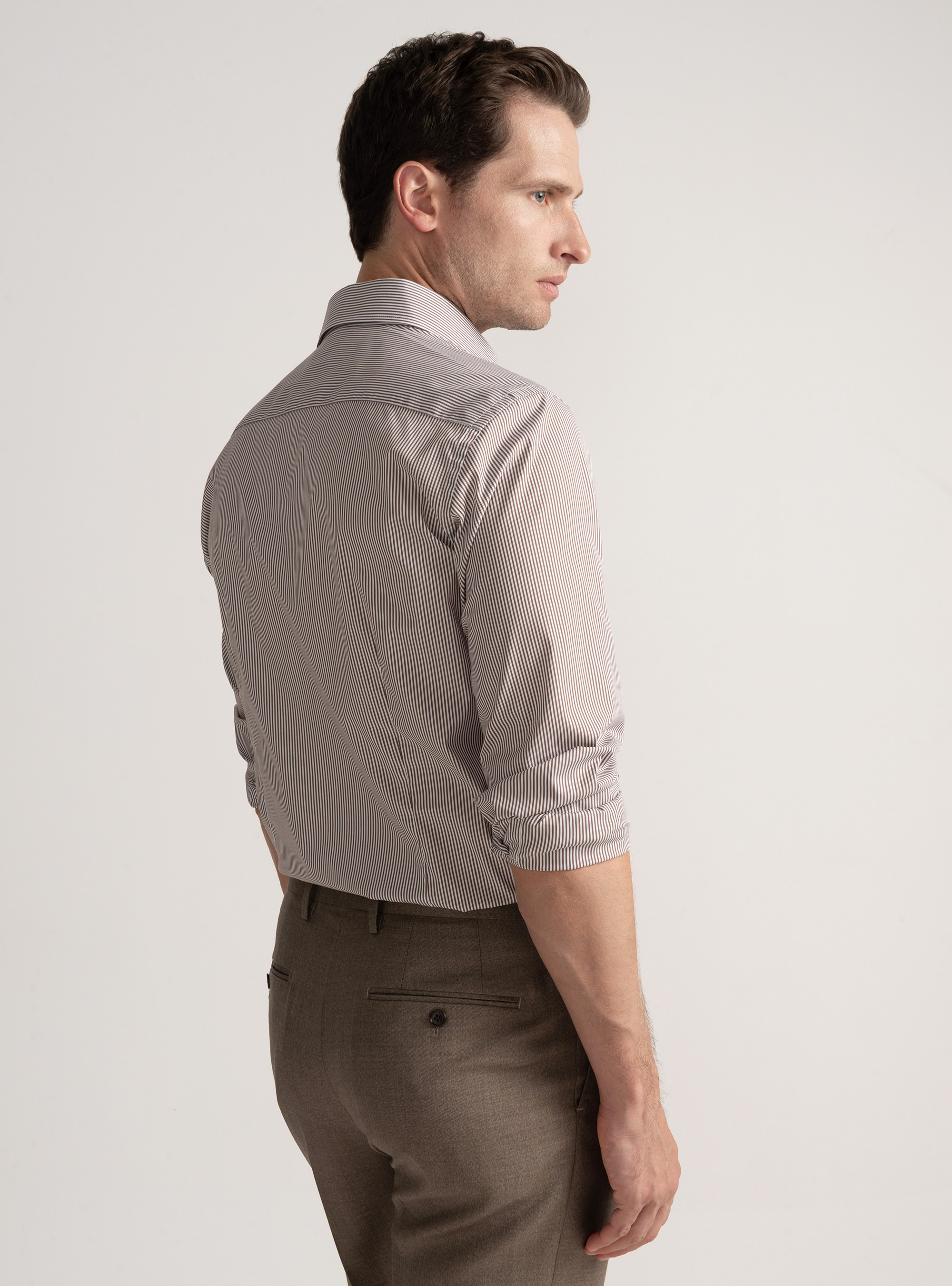 Camicia in cotone rigato popeline stretch, MARRONE