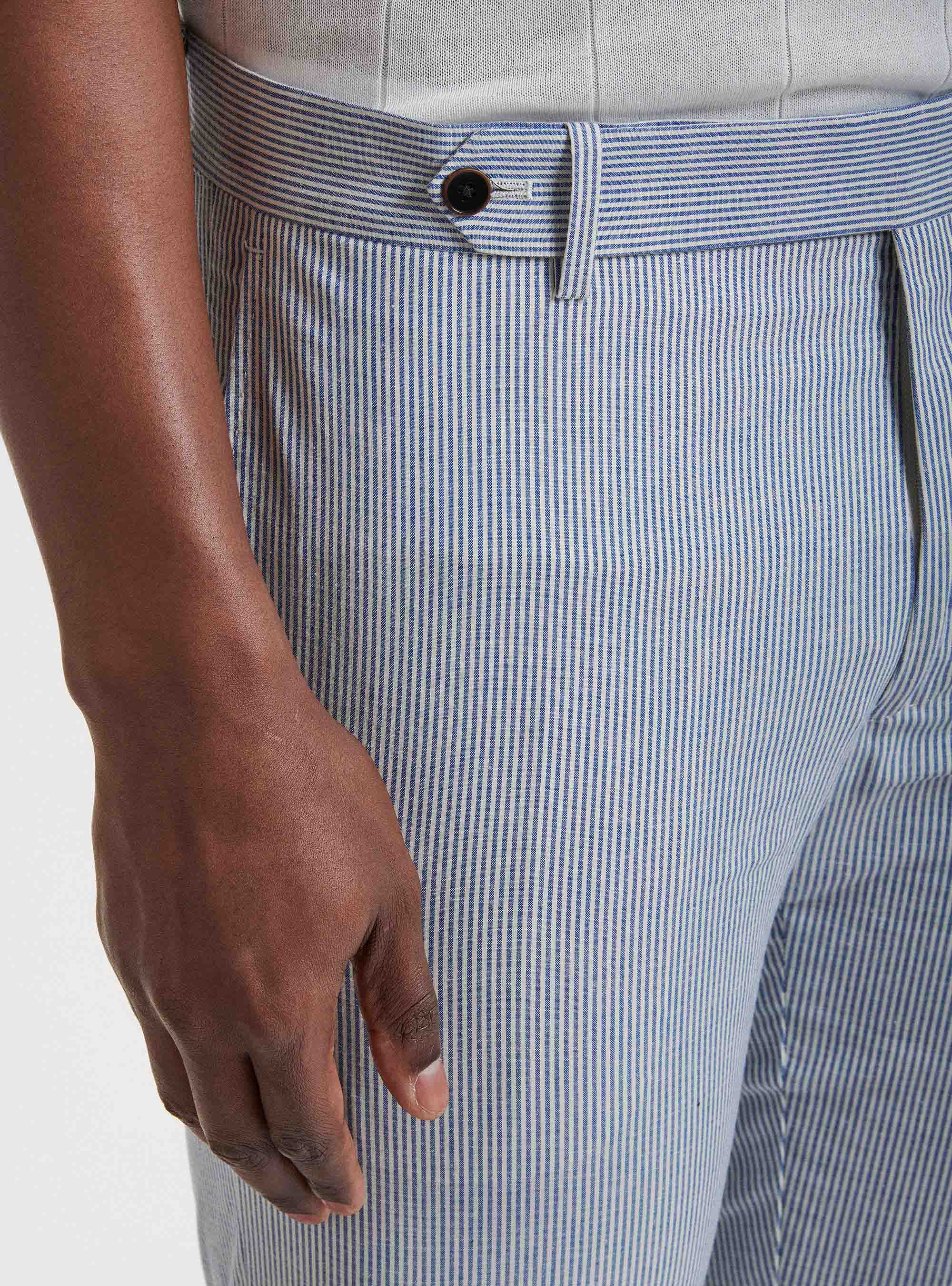 Pantaloni in cotone e lino rigato, 0243C DENIM
