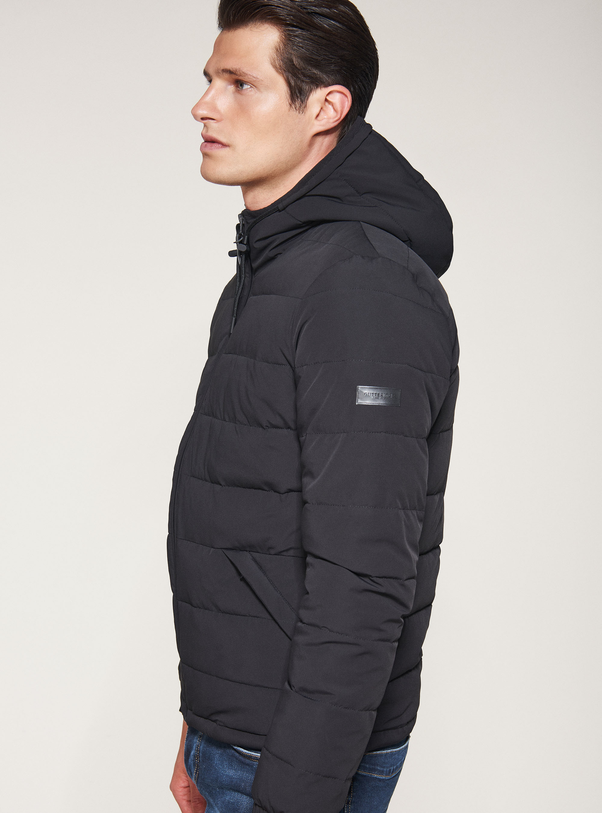 Bomber en tissu technique avec capuche, NOIR
