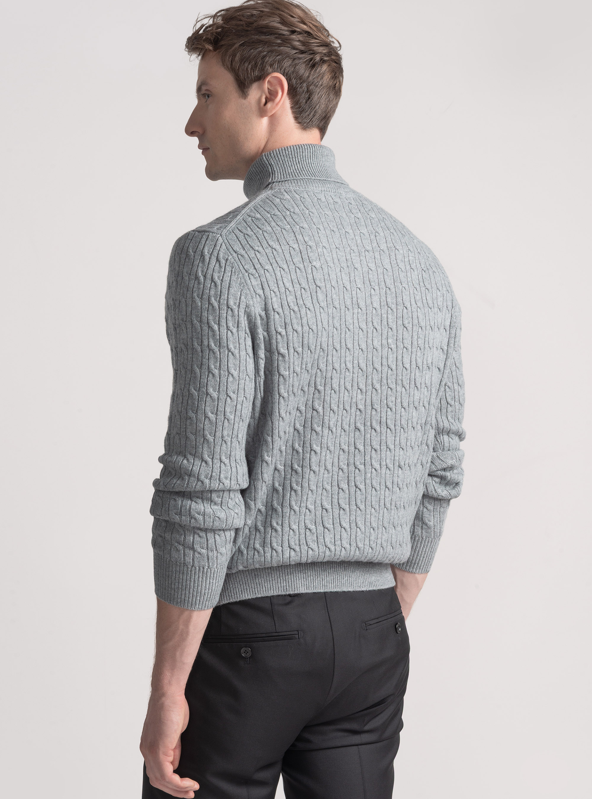 Punto de cuello alto en mezcla de lana con trenza, GRIGIO MELANGE 0151C