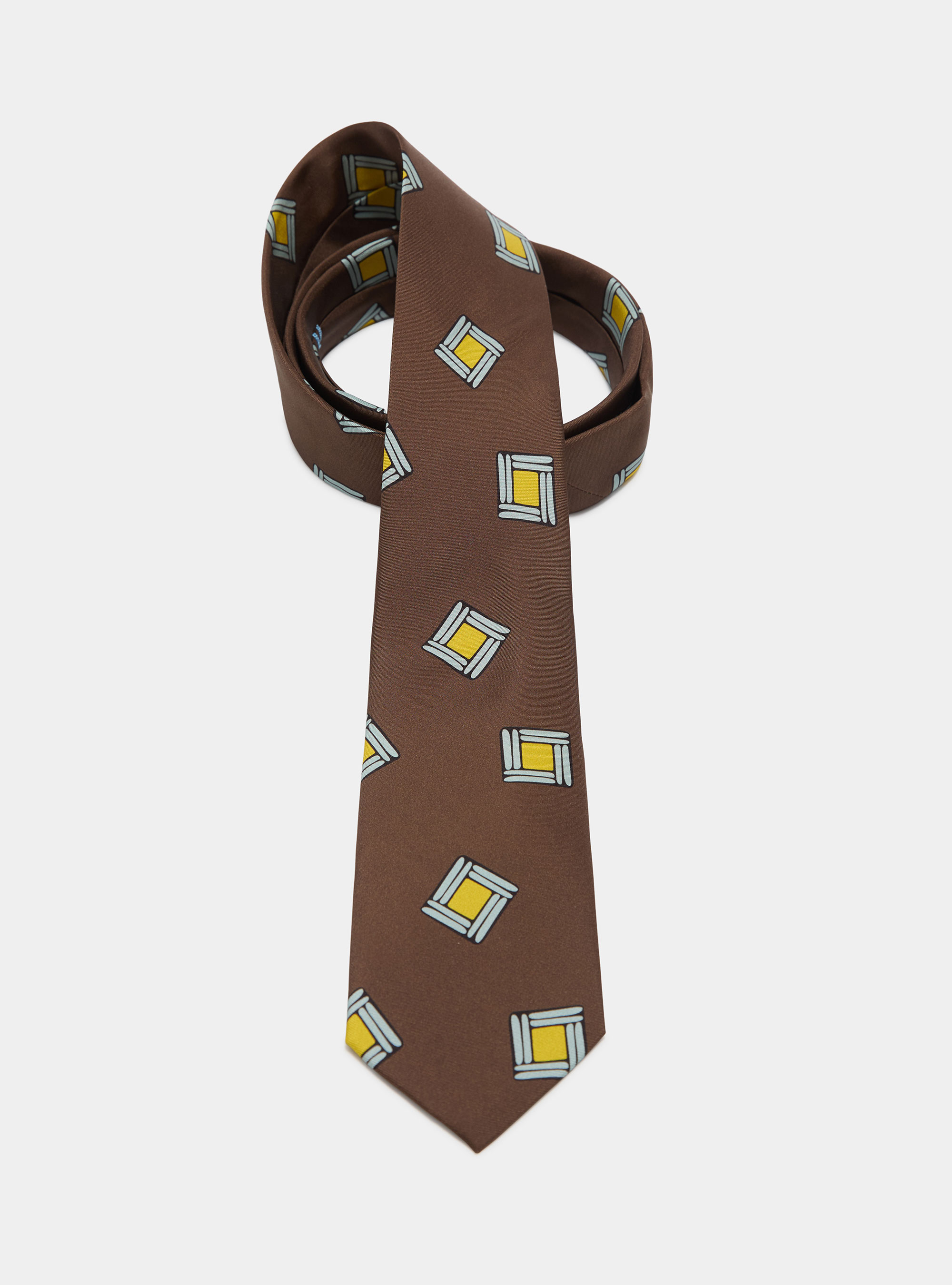 Silk twill tie with geometric print, BROWN
