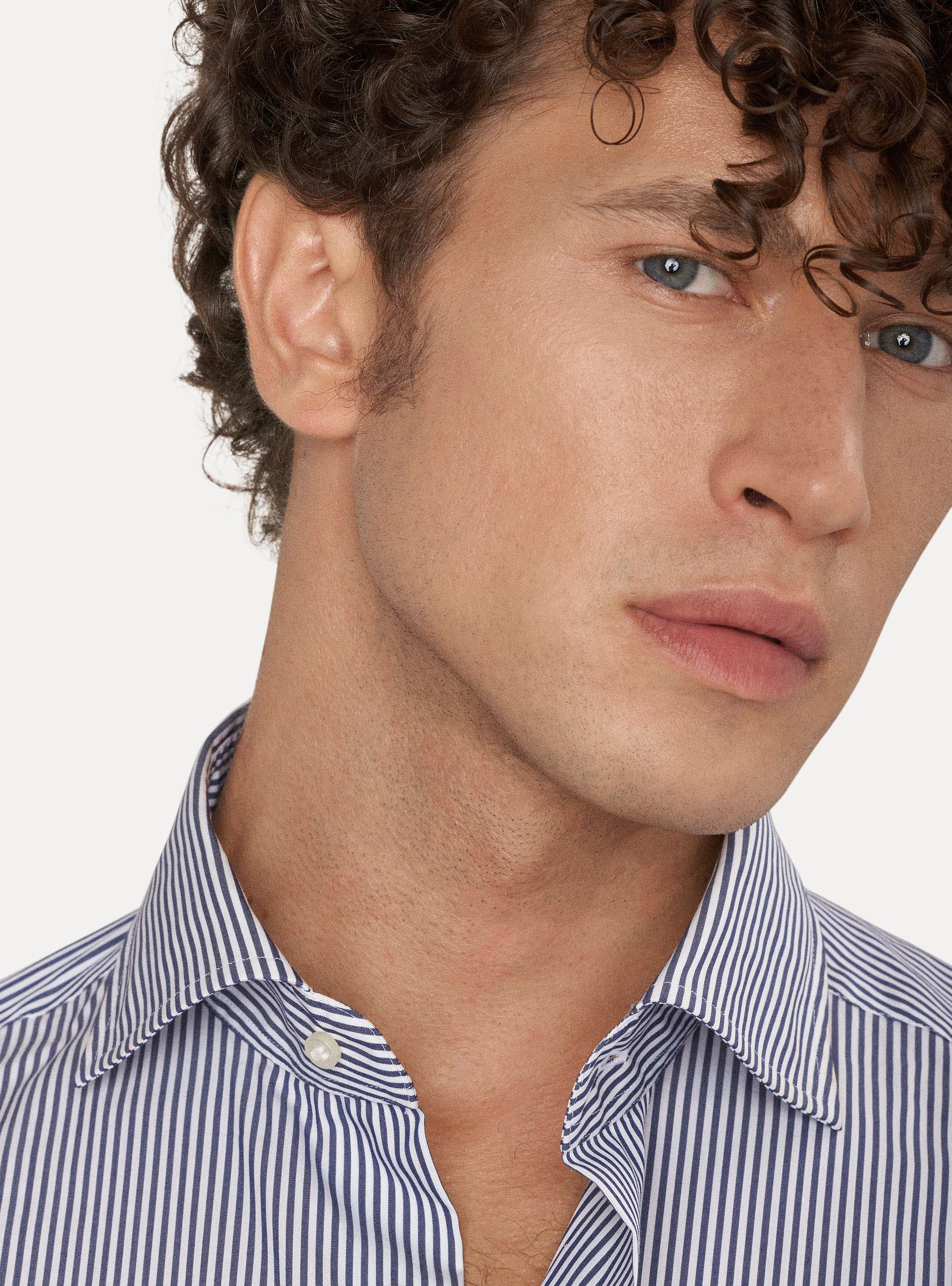 Camicia collo francese semiaperto in popeline di cotone stretch rigato, BLU NAVY