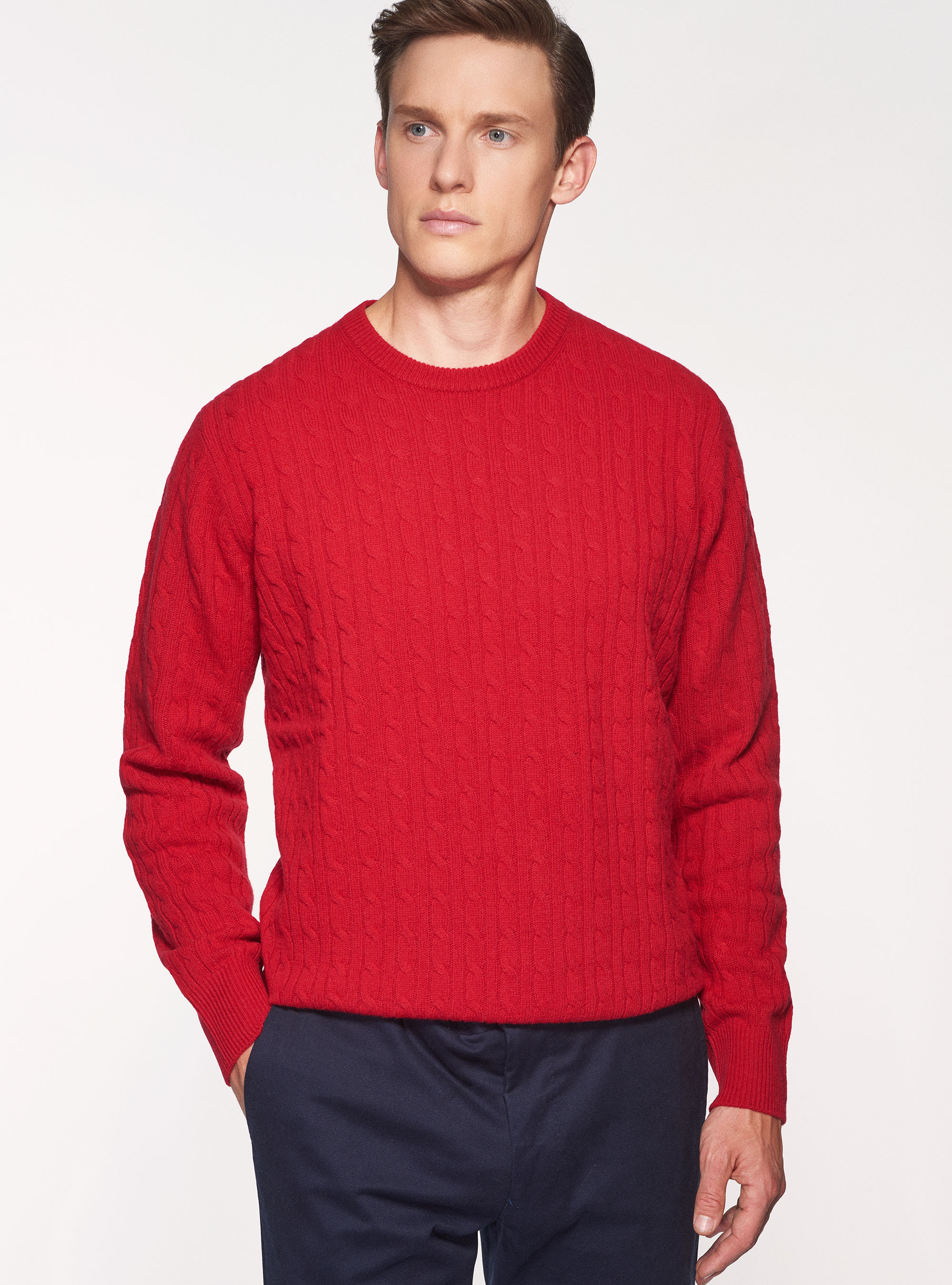 Maglia treccia girocollo in lana lambswool e cashmere, ROSSO