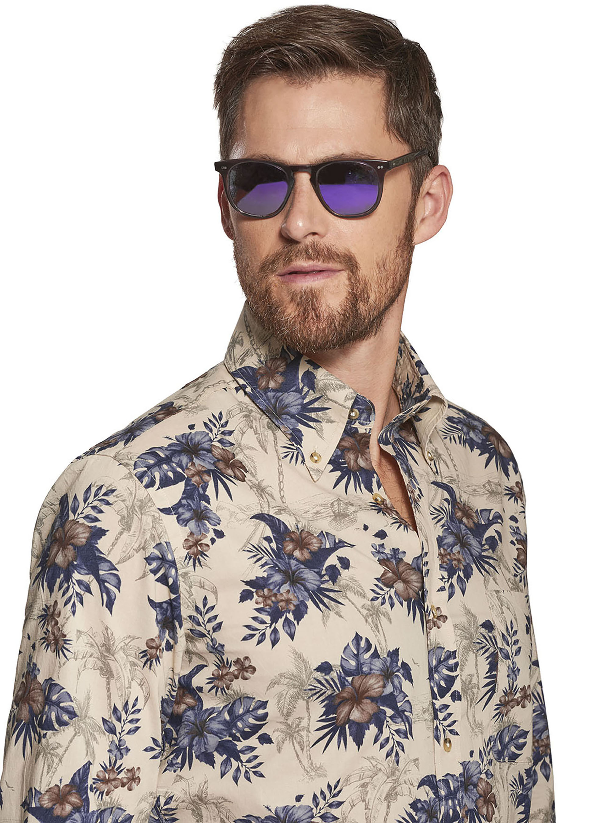Flower printed cotton button-down collar shirt, ECRU