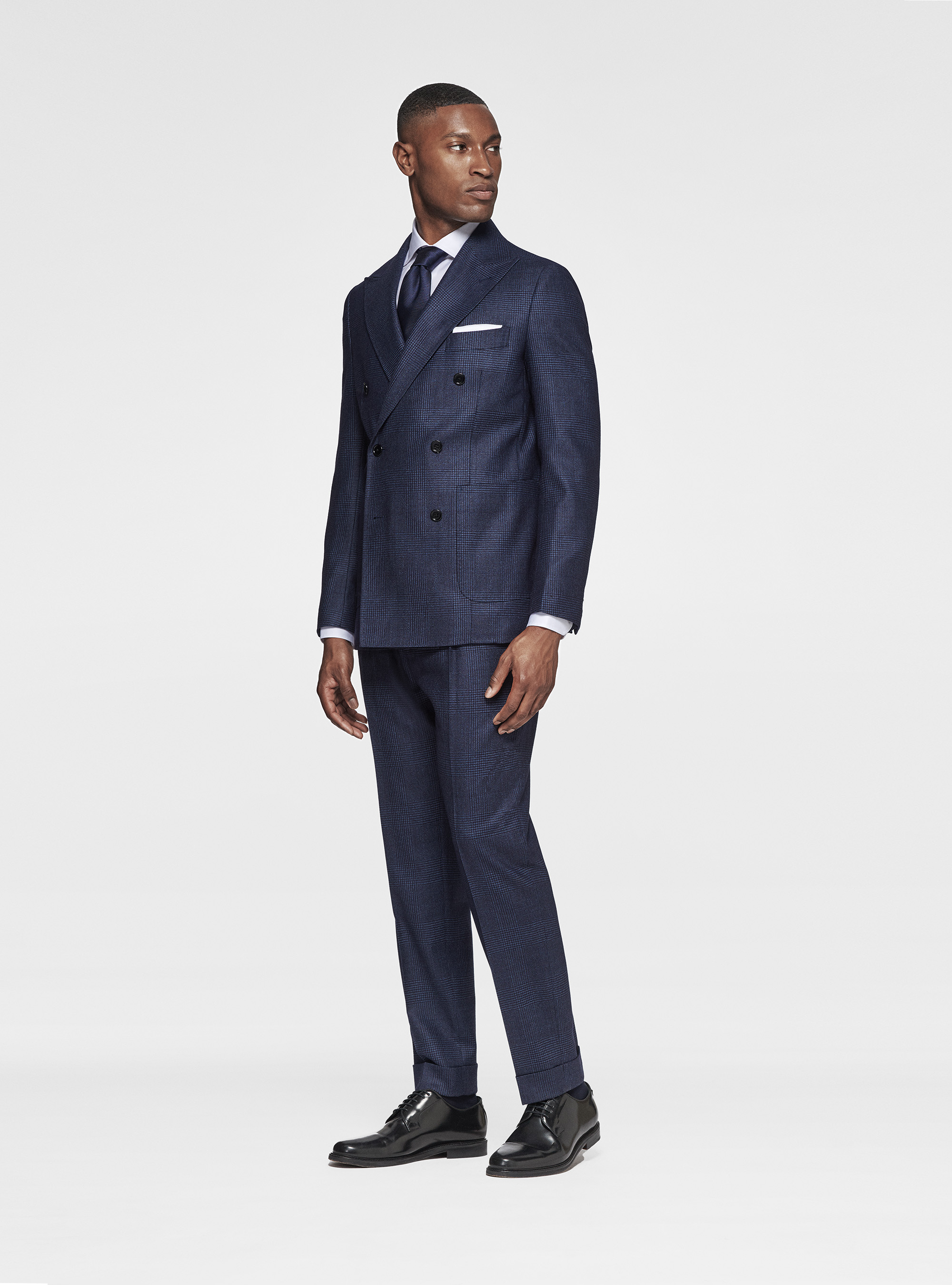 Double-breasted blazer in pure wool patterned, NAVY BLUE