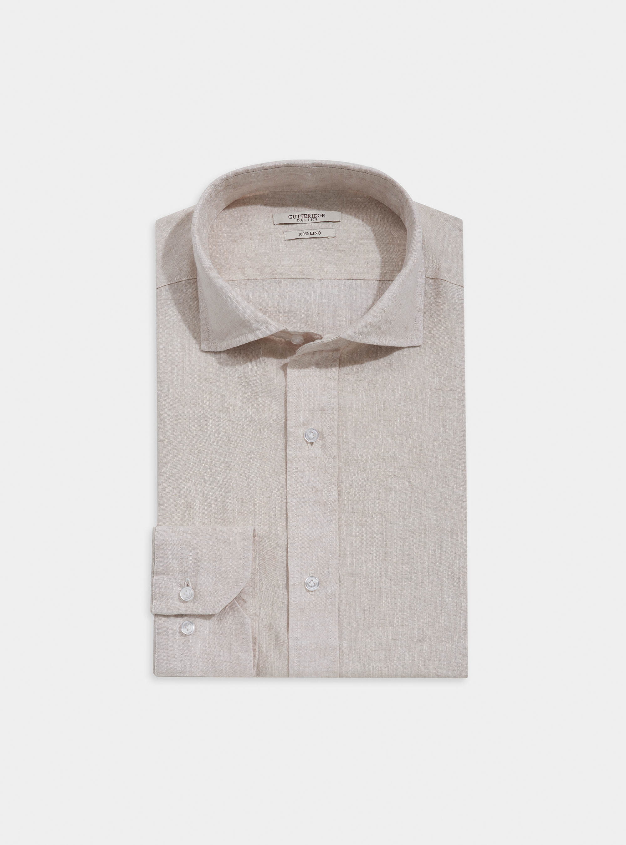 Semi-open French collar shirt in delav&eacute; linen, ECRU