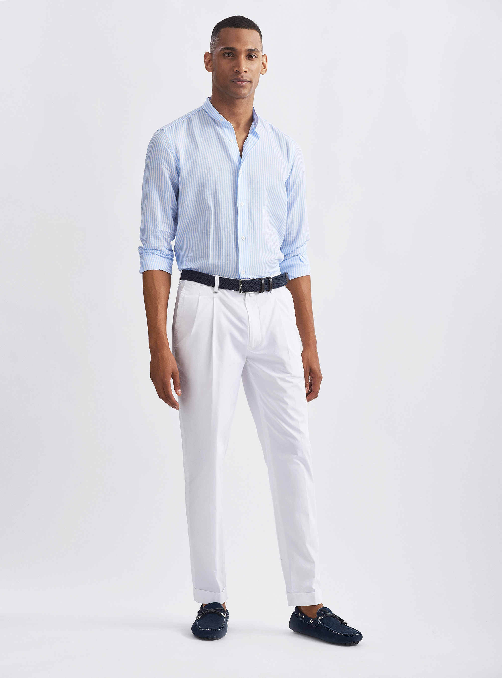 Camicia coreana in misto lino rigato, AZZURRO