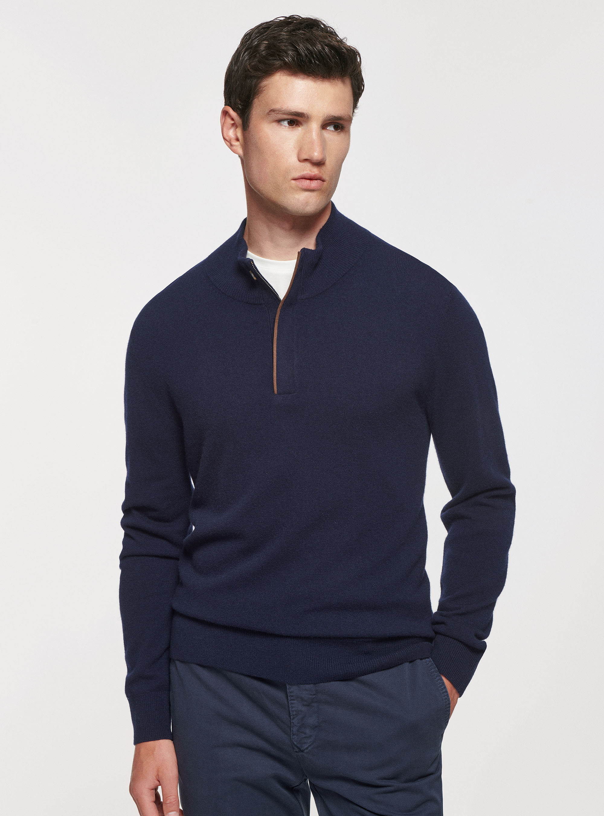 Half-zip sweater with patches in lambswool wool and cashmere, NAVY BLUE