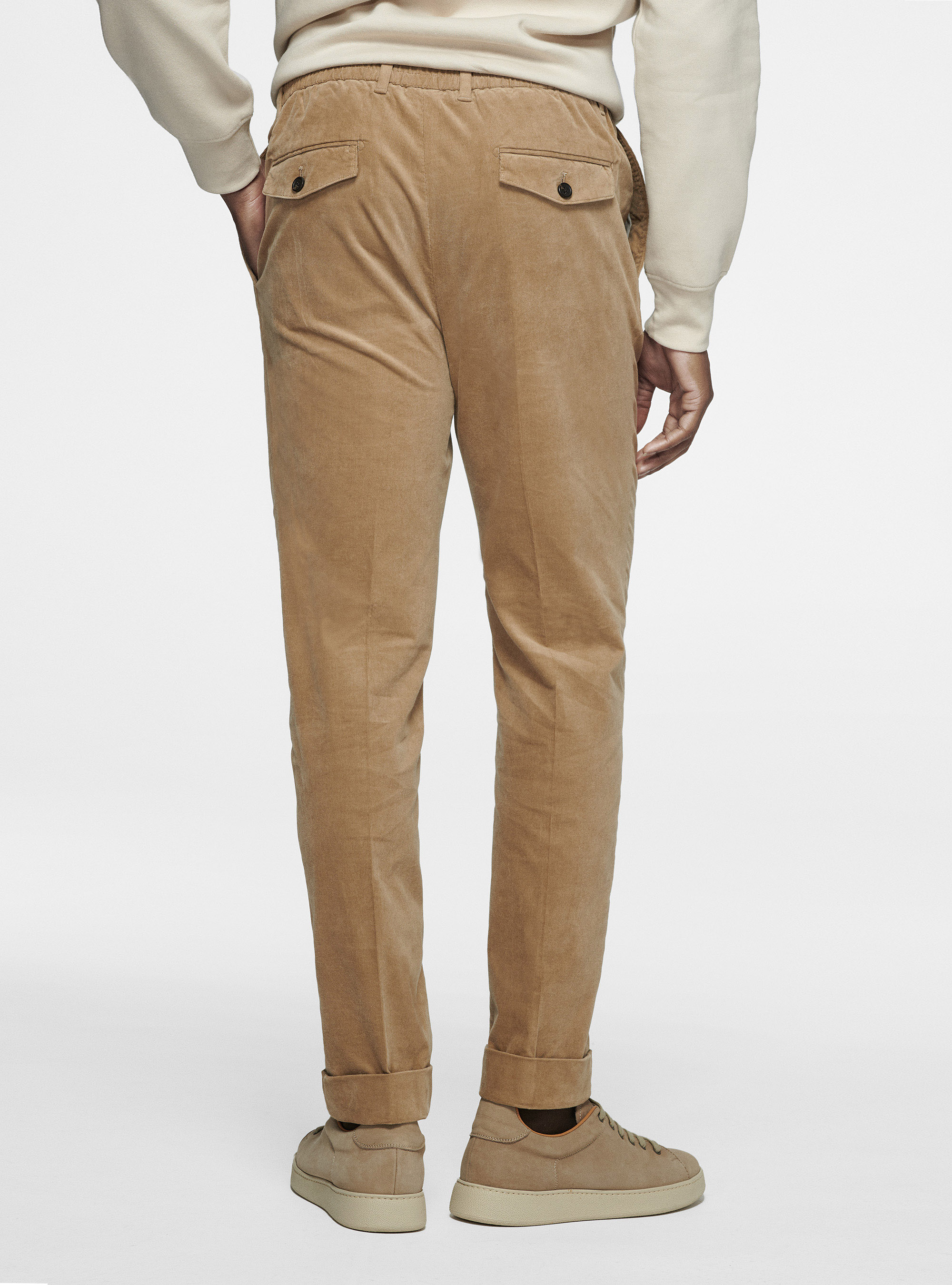 Pantaloni con elastico in velluto millerighe, SABBIA