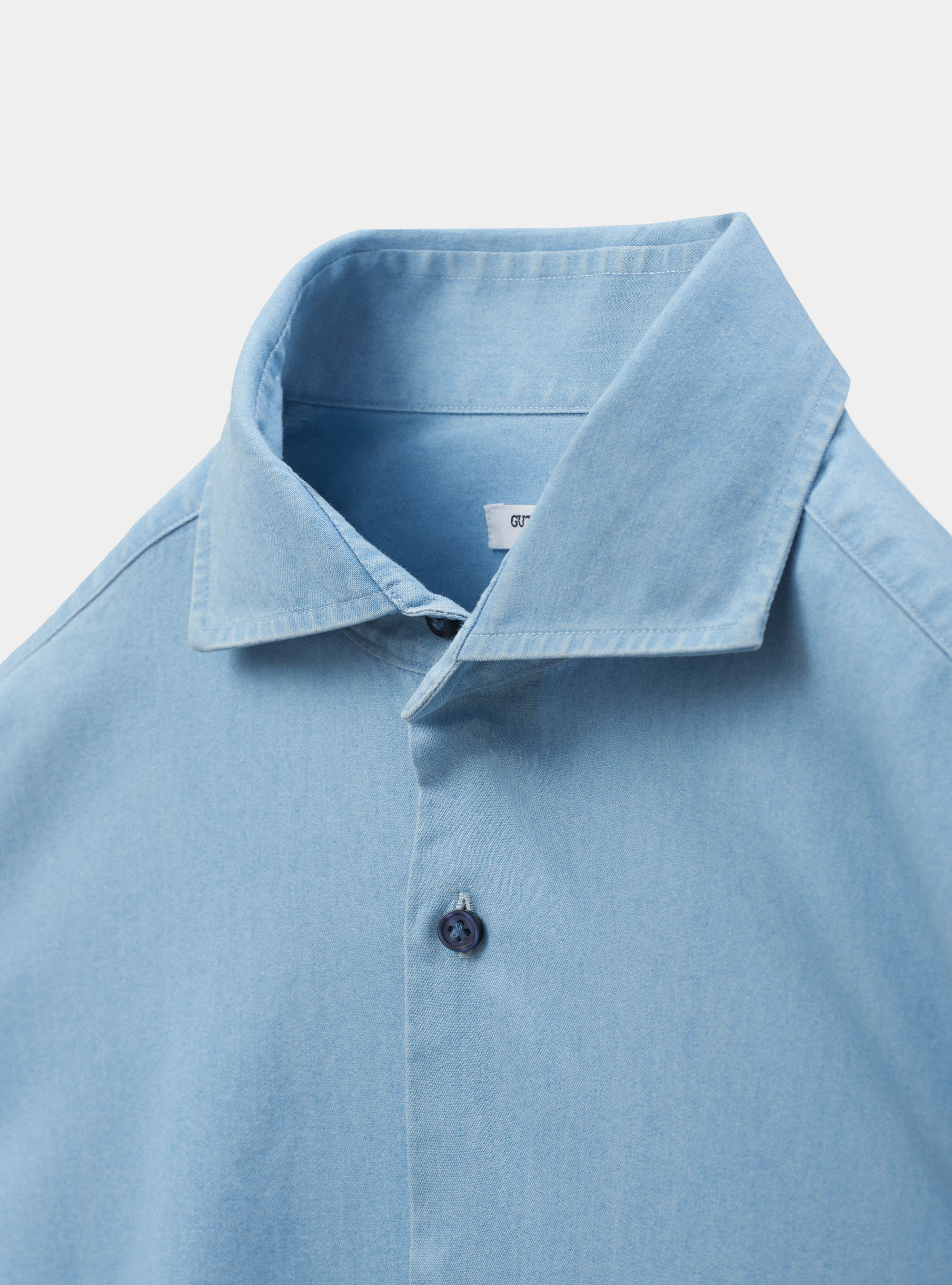 Denim shirt with French collar in cotton chambray, LIGHT BLUE